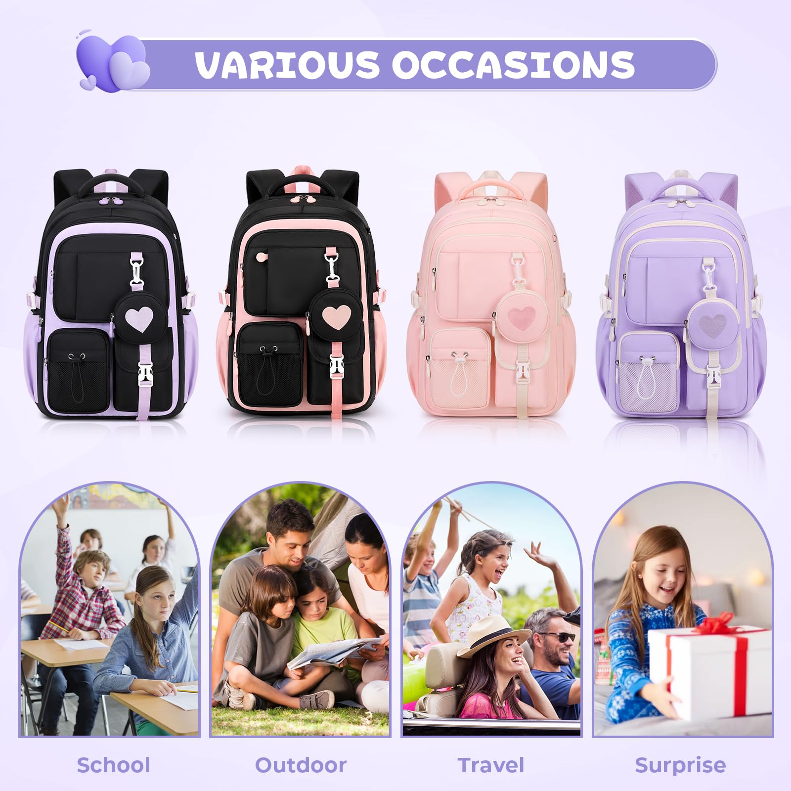 Moonbaby Girls School Backpack 15.6 Inch – Lightweight Waterproof Bookbag for Ages 8–12