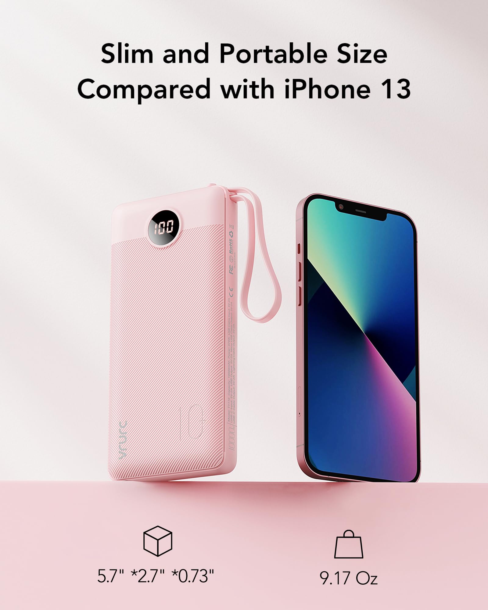 VRURC 10000mAh Portable Power Bank with Built-in Cables, LED Display & Multi-Device Fast Charging – Compact Travel Charger Pink