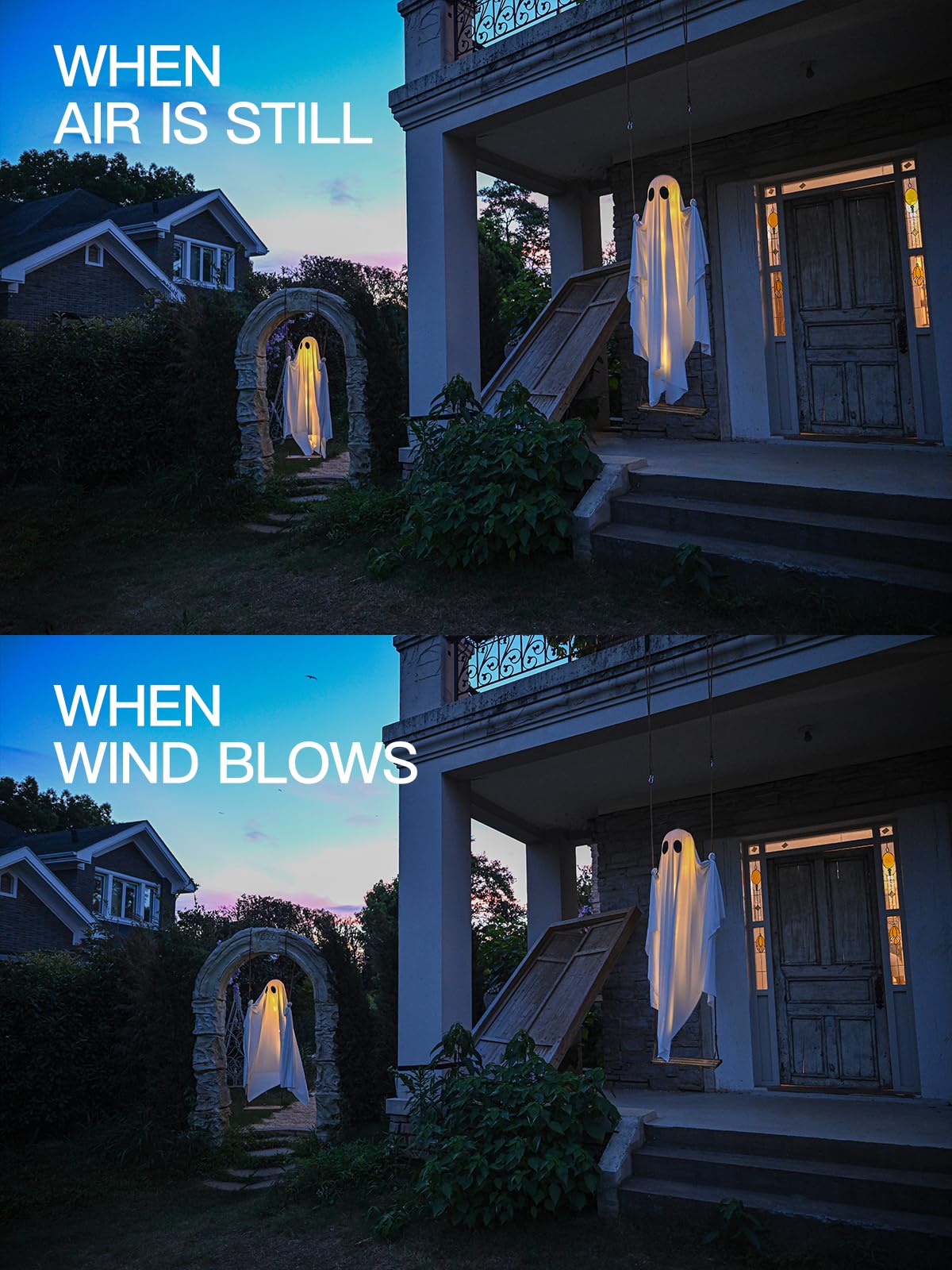 13FT Adjustable Swing Ghost with LED Lights – Giant Hanging Halloween Decoration with Remote & 8 Lighting Modes (White, LK567)