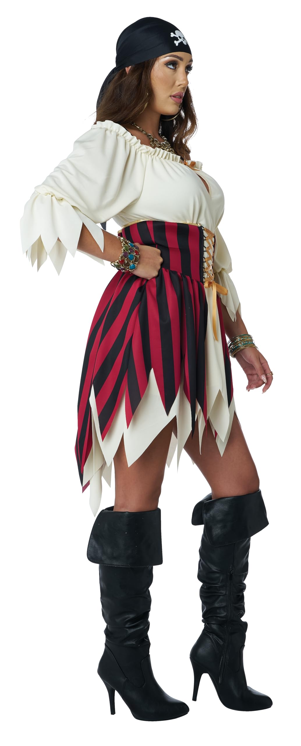 Women’s Sultry Sea Pirate Costume – Black, Red & Cream Renaissance Corset Dress with Bandana for Halloween & Parties