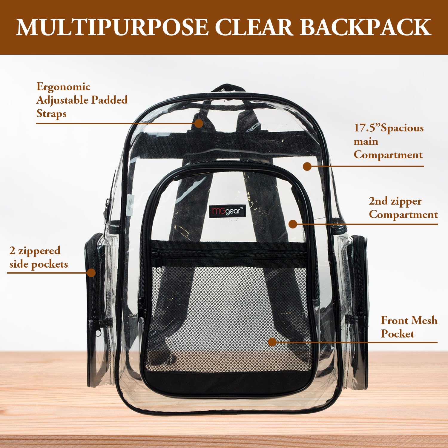 MGgear 17 Inch Clear PVC Backpack with 5 Zipper Compartments – School & Event Bag