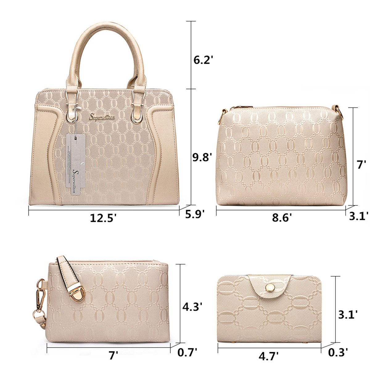 Women’s 4-Piece Fashion Handbag Set – Tote, Shoulder Bag, Crossbody & Wallet Purse Set (B-Gold