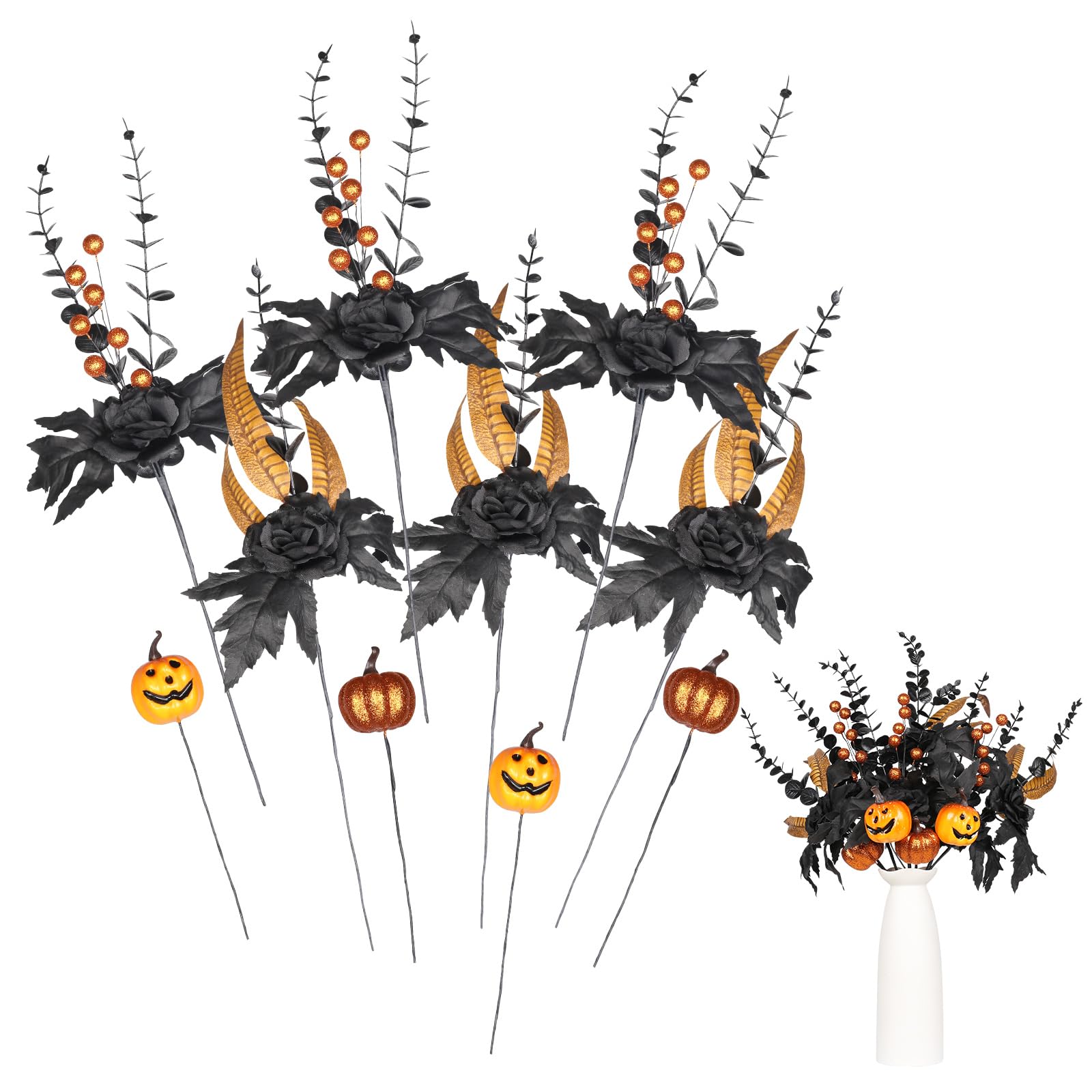 Halloween Artificial Maple Leaf & Pumpkin Floral Stems – 10Pcs Black & Orange Table Vase Decorations (19.5”)