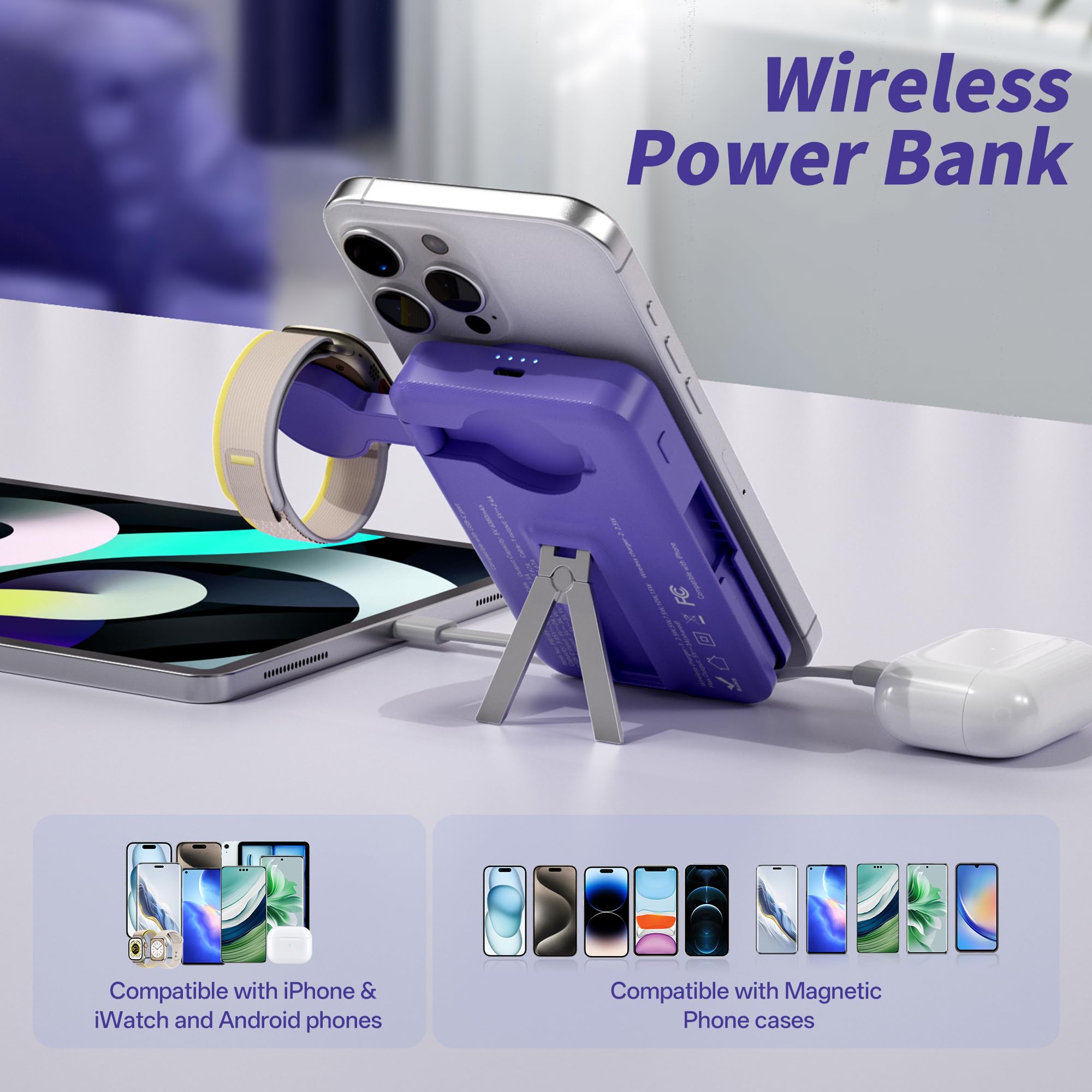Magnetic Wireless Power Bank 10,000mAh – Slim All-in-One Charger with Built-In Cables & Stand (Dark Blue)