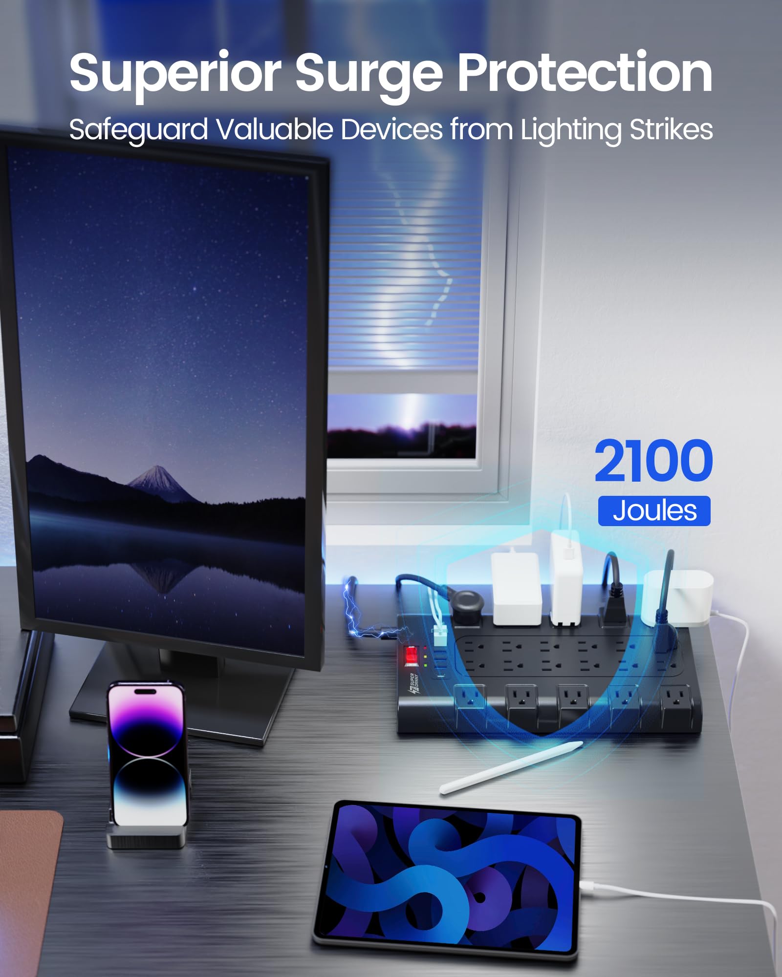 SUPERDANNY 28-in-1 Heavy Duty Surge Protector Power Strip with 22 Outlets & 6 USB Fast Charging Ports Flat Plug Extension Cord