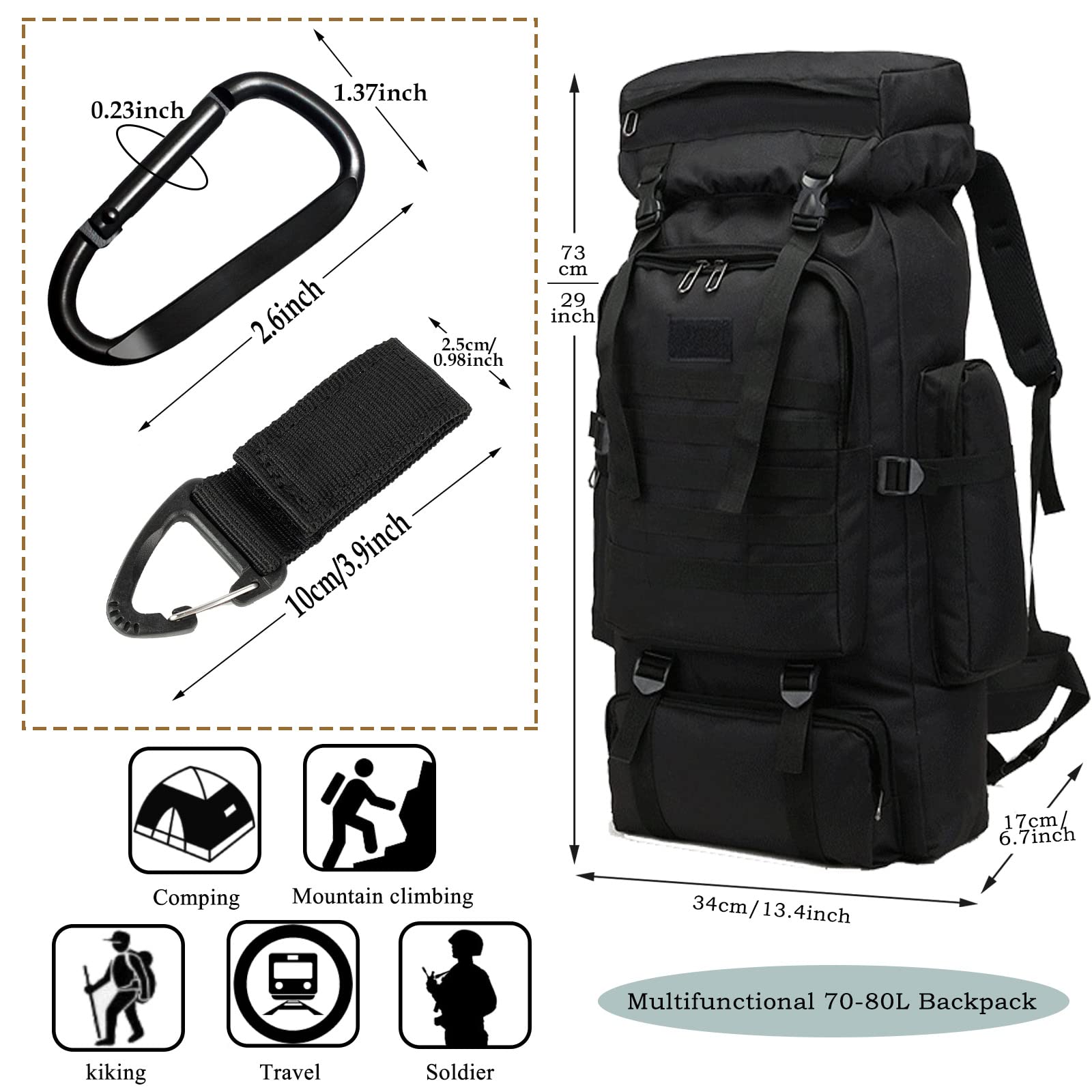 70L Tactical Hiking Backpack for Men – Waterproof Lightweight Military Rucksack with MOLLE for Camping & Outdoor Travel – Black