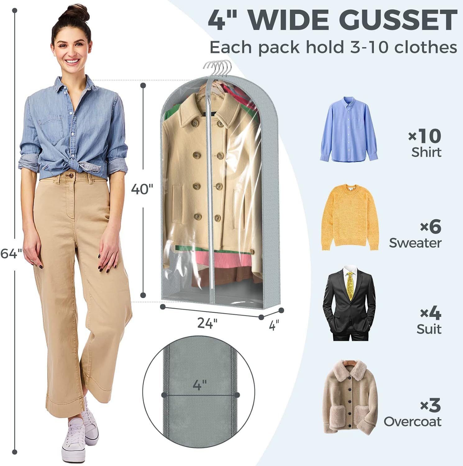 40” Hanging Garment Bags for Closet Storage (6-Pack) – Clear Suit Covers with Gussets for Coats, Dresses & Jackets