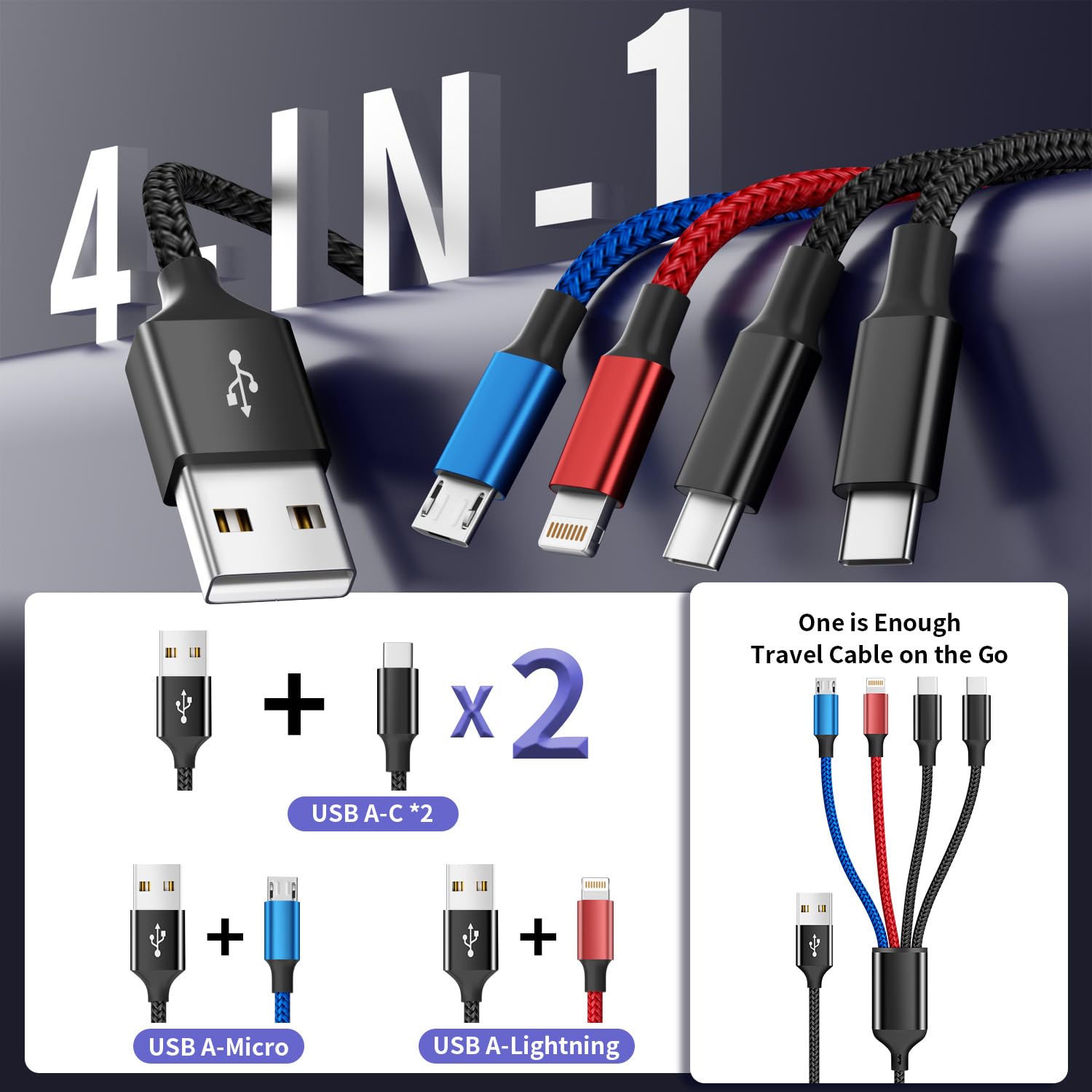 4-in-1 Multi Charging Cable (Dual USB-C, Lightning & Micro USB) – 5FT Universal Fast Charger Cord for iPhone, Android & Multiple Devices