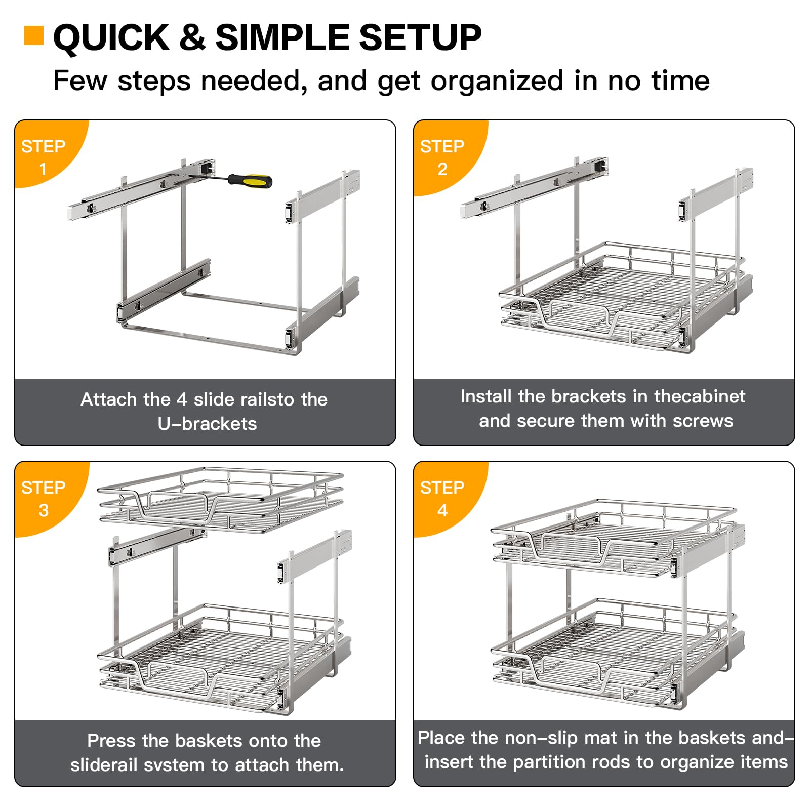 2-Tier Pull-Out Cabinet Organizer – Independently Sliding Chrome Storage Shelves