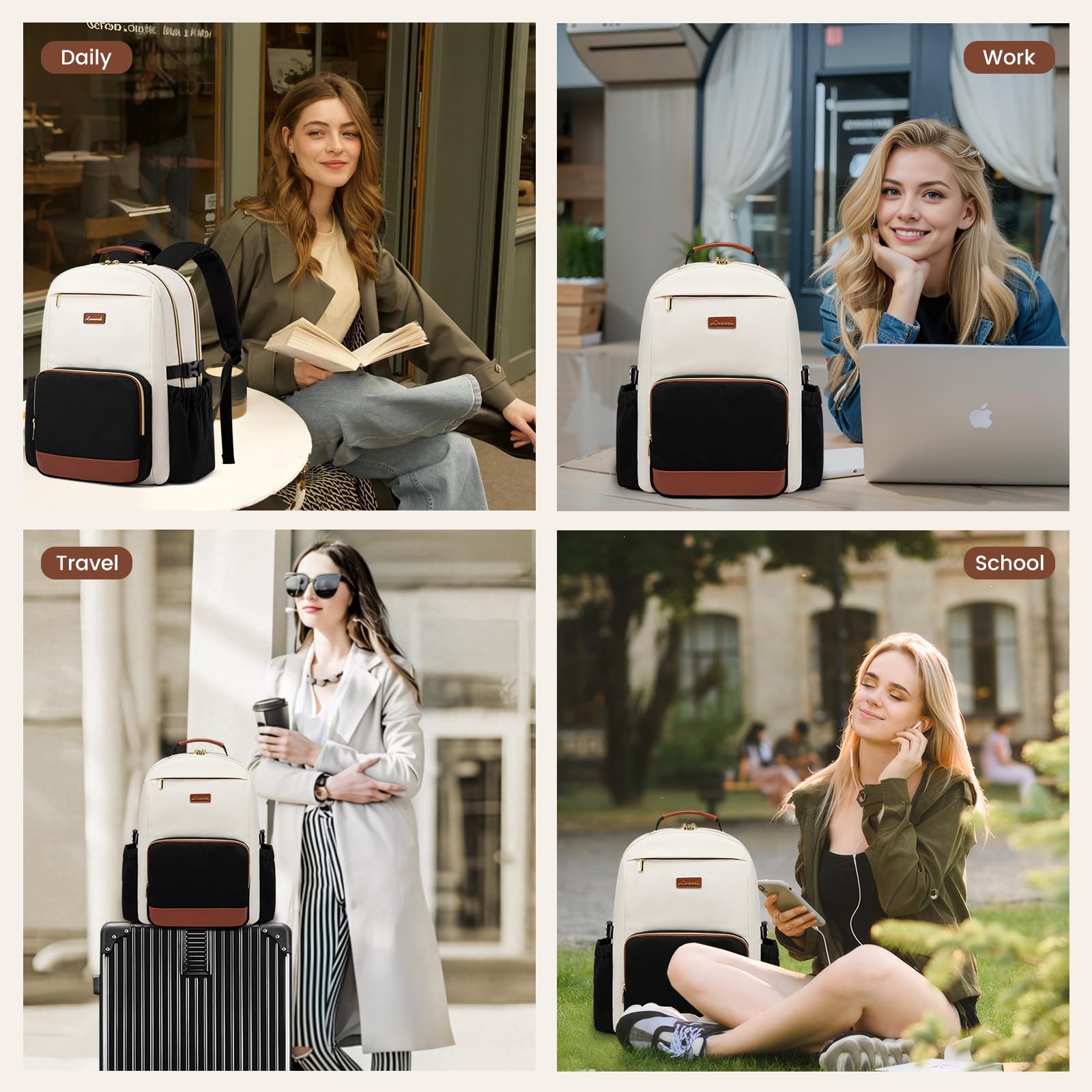 LOVEVOOK Women’s Laptop Backpack with Large Cup Pocket – Waterproof Work & Travel Backpack for 15.6″ Laptop (Beige Black Chestnut Brown)