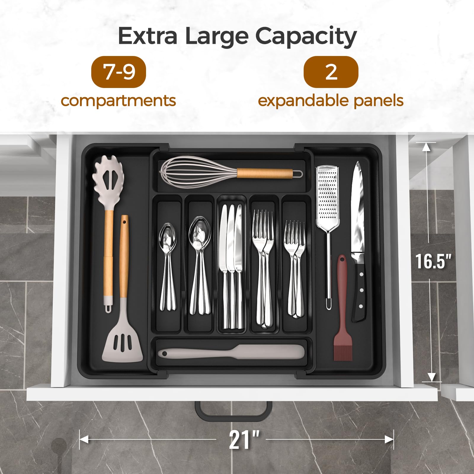 Expandable Silverware Drawer Organizer – Adjustable Cutlery Tray with Deep Compartments (Black)
