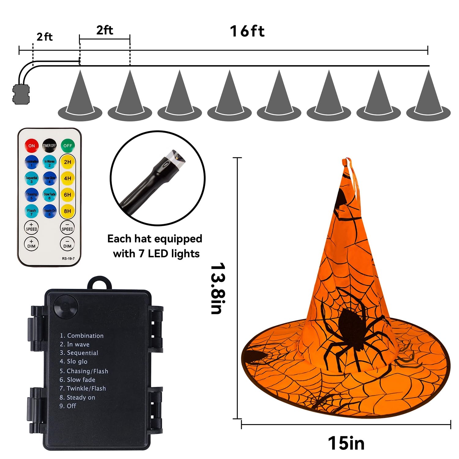 Halloween Hanging Witch Hat Lights – 8-Piece Orange & Purple LED String Lights with Remote & Timer (16ft Total Length)