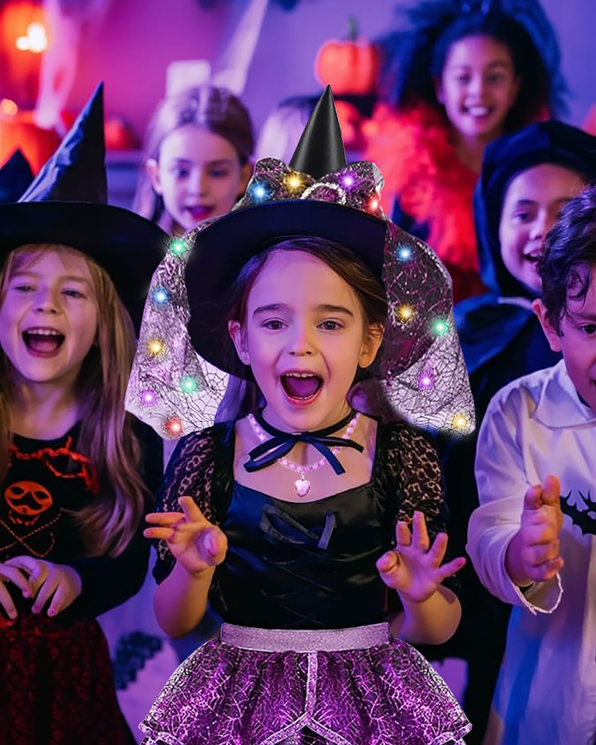 Purple Light-Up Witch Costume Set for Girls – 6-Piece Halloween Dress-Up Kit with LED Skirt, Hat, Broom & Jewelry