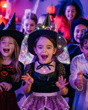 Purple Light-Up Witch Costume Set for Girls – 6-Piece Halloween Dress-Up Kit with LED Skirt, Hat, Broom & Jewelry