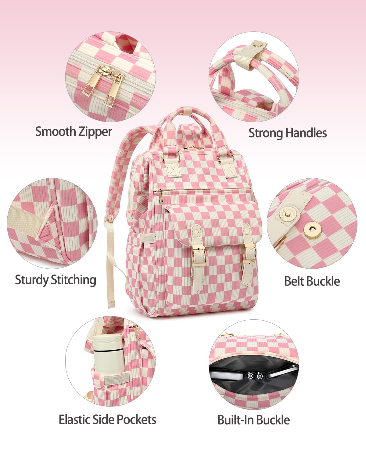 LRENAGAO Corduroy Laptop Backpack for Women & Girls – 15.6” Lightweight School & Travel Daypack – Checkered Pink