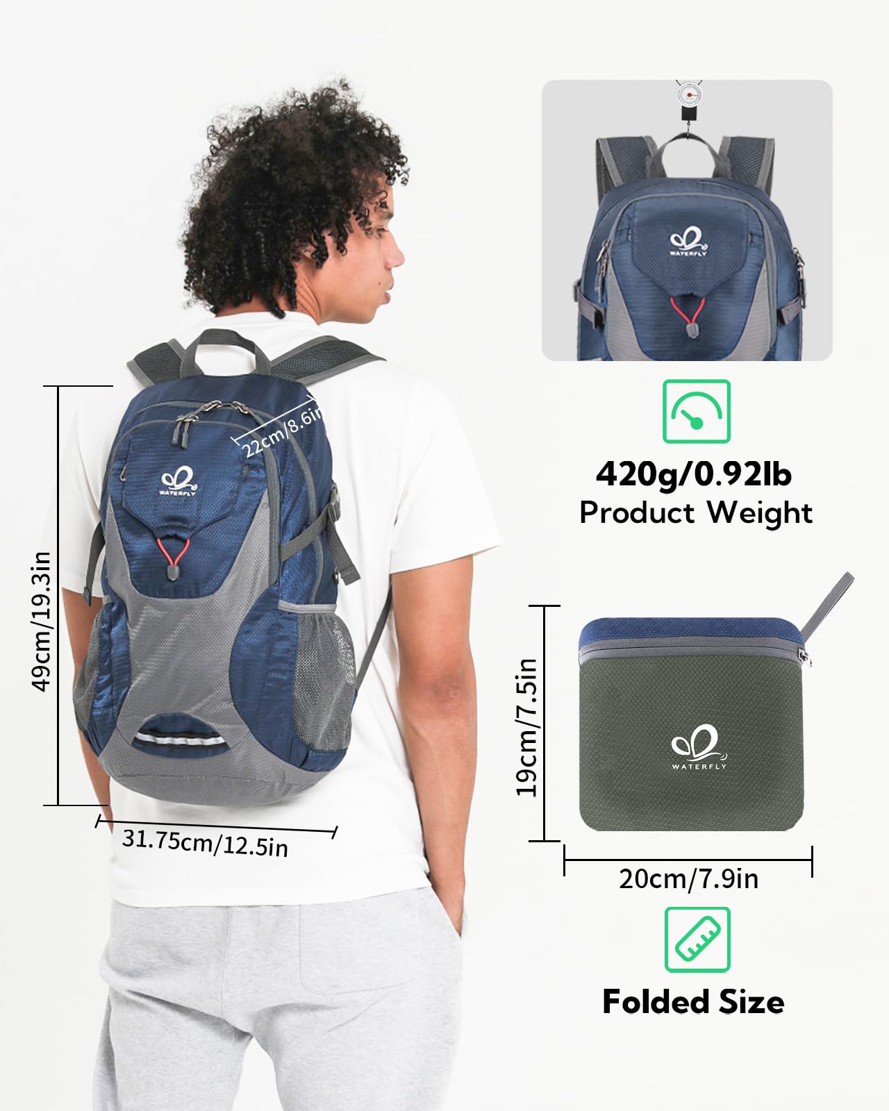 Waterfly 30L Ultra-Light Packable Hiking Backpack – Foldable Travel Daypack, Blue