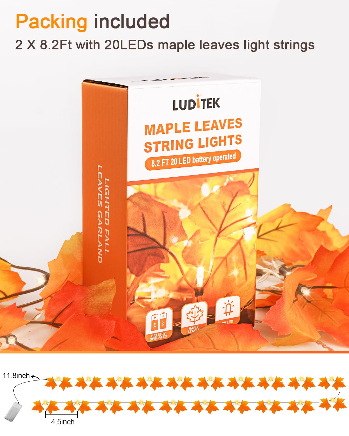 Maple Leaf String Lights – 2 Pack 8.2ft Battery Operated Fall Garland with 40 LEDs & 80 Leaves, Warm Yellow Thanksgiving & Autumn Decor