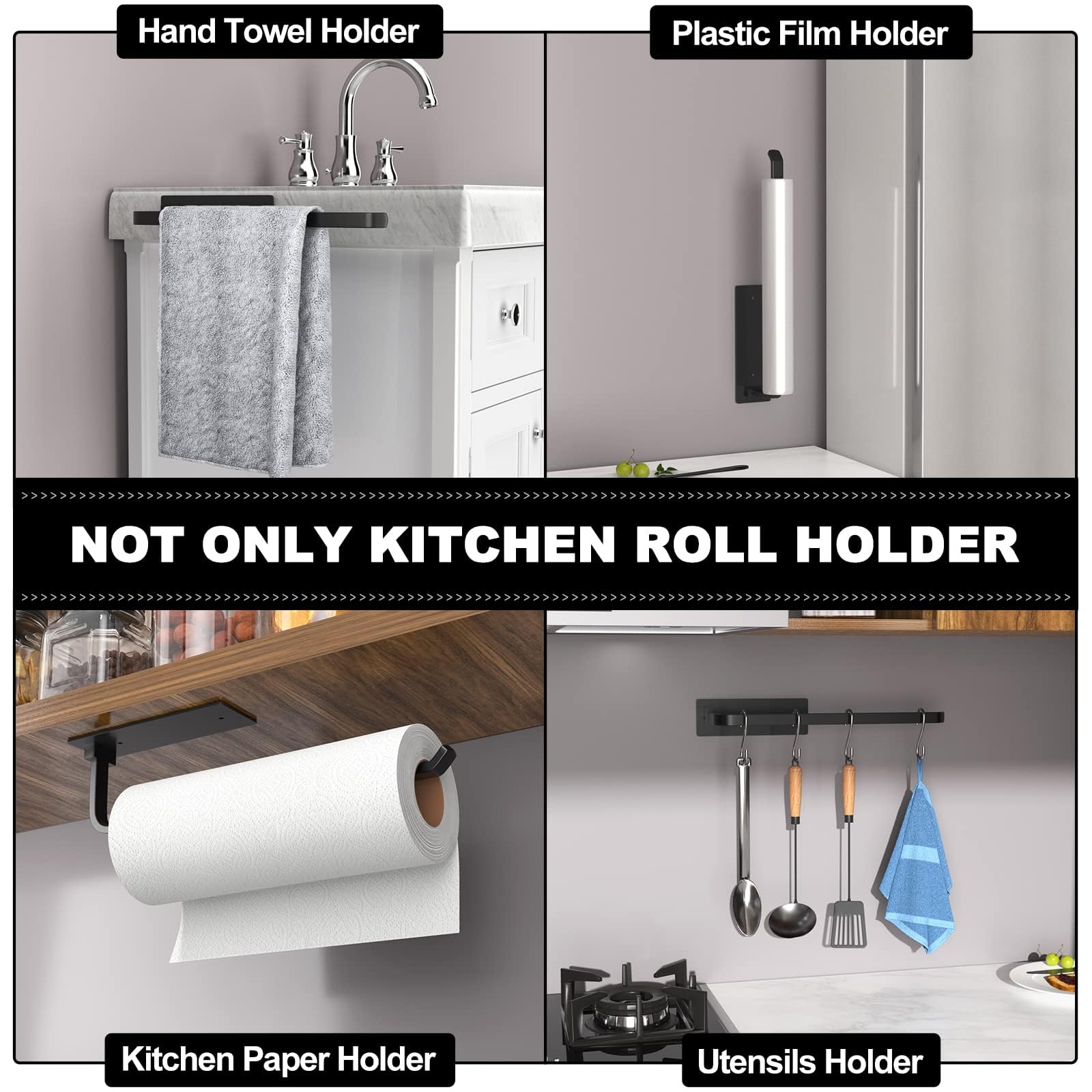 Matte Black Paper Towel Holder – Aluminum Kitchen Roll Dispenser, Adhesive or Drill Mount, Under Cabinet or Wall