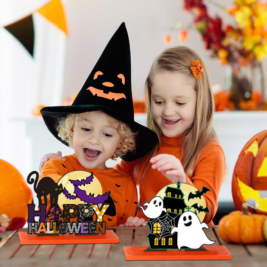 6-Piece Wooden Halloween Table Centerpieces 🎃 Cats, Ghosts & Bats – Festive Multicolor Home Decorations