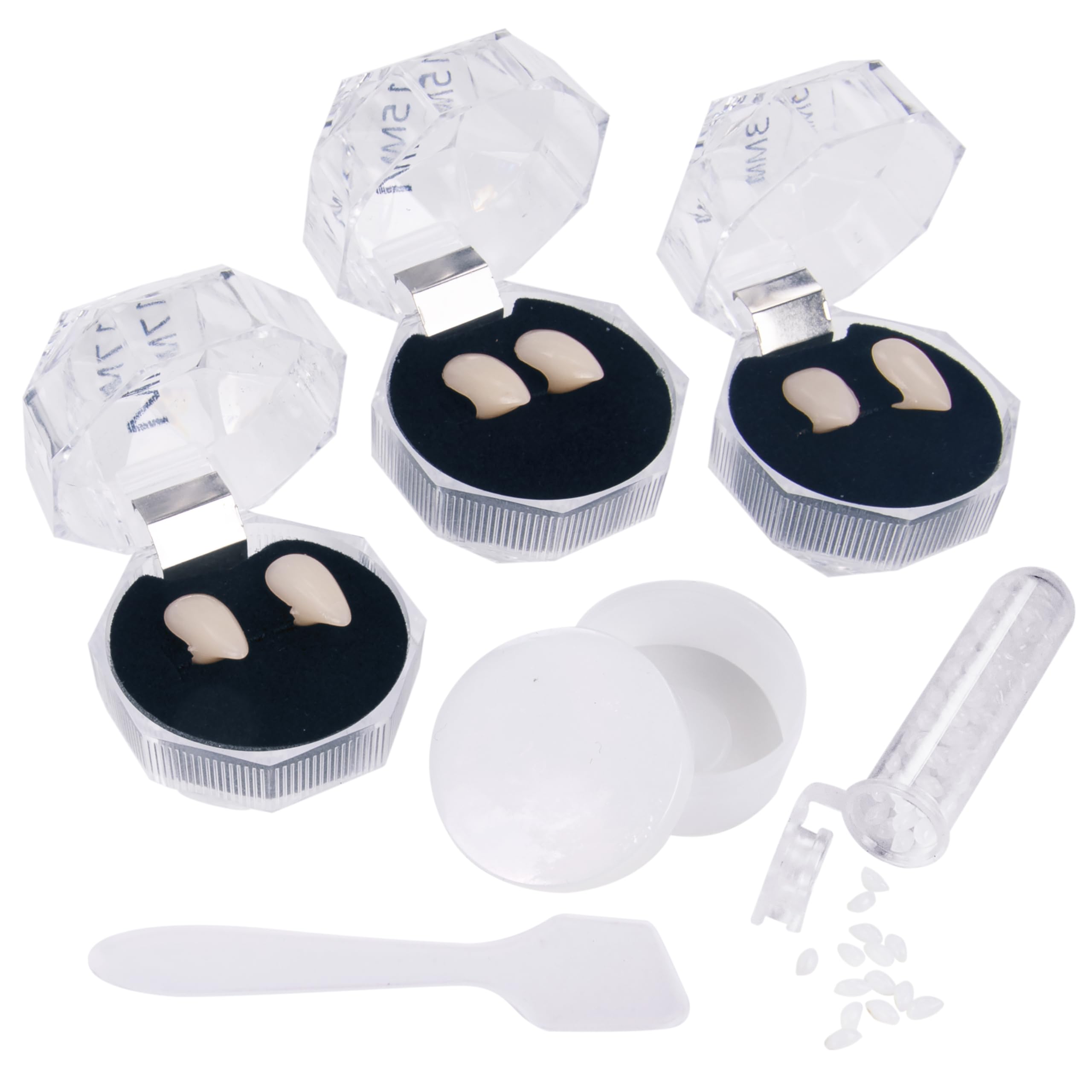Retractable Vampire Fangs Set – 3 Sizes (13mm, 15mm, 17mm) Non-Toxic Reusable Teeth for Adults & Kids