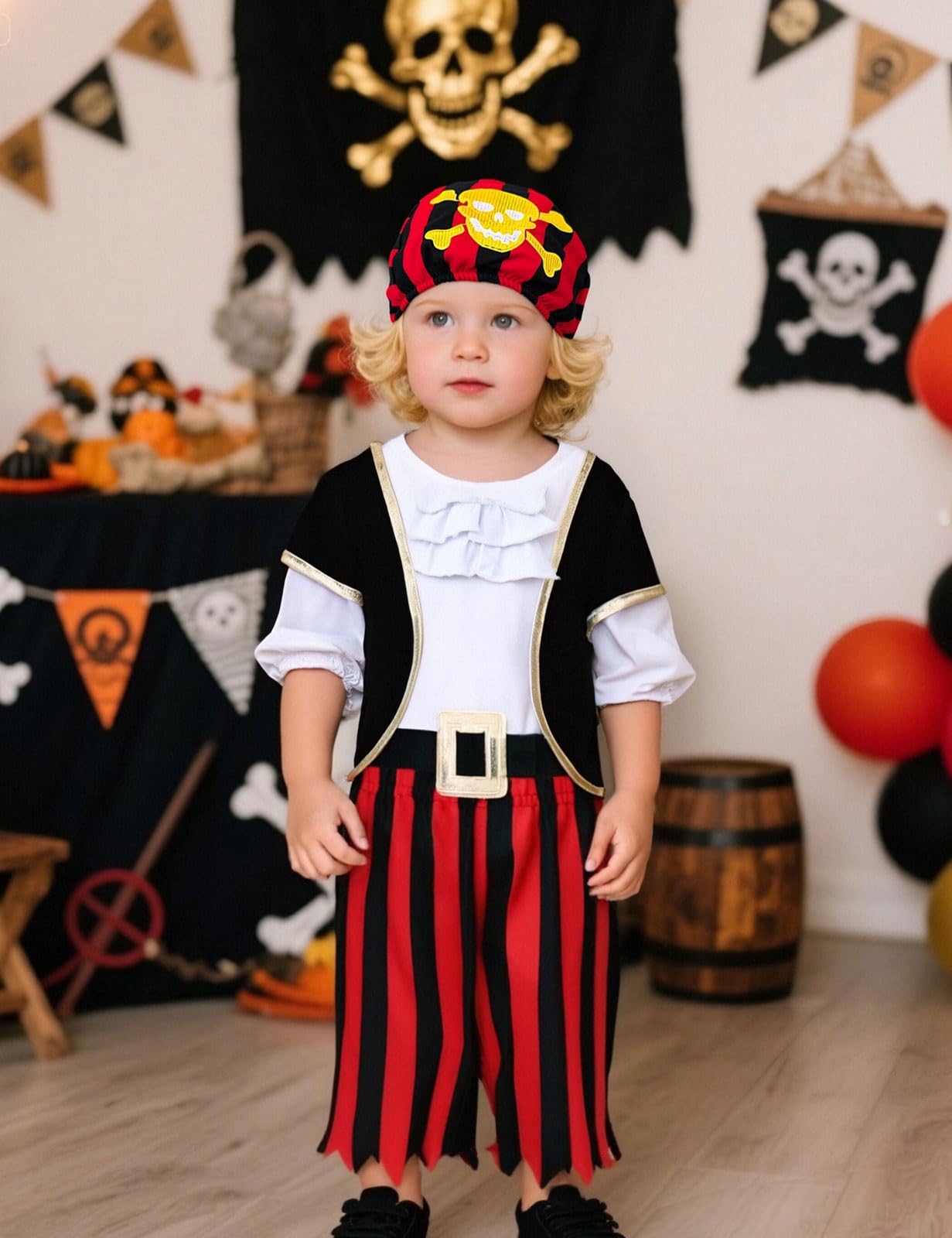 Baby Boy Pirate Costume – Classic Black Cotton Buccaneer Outfit with Hat, Ruffled Top & Jagged Pants for Halloween and Parties
