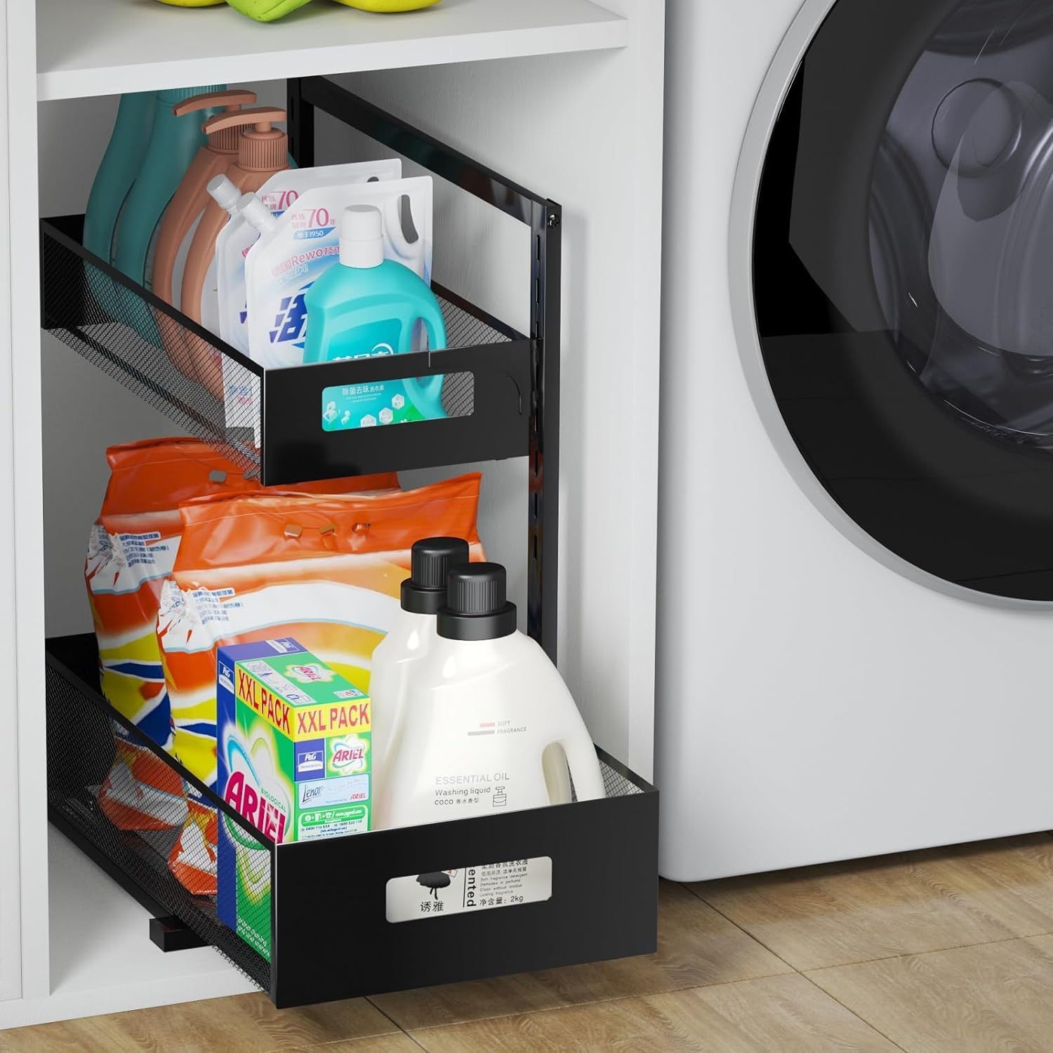 Petiza Adjustable Under Sink Organizer – 2 Tier Pull-Out Cabinet Storage (Black)