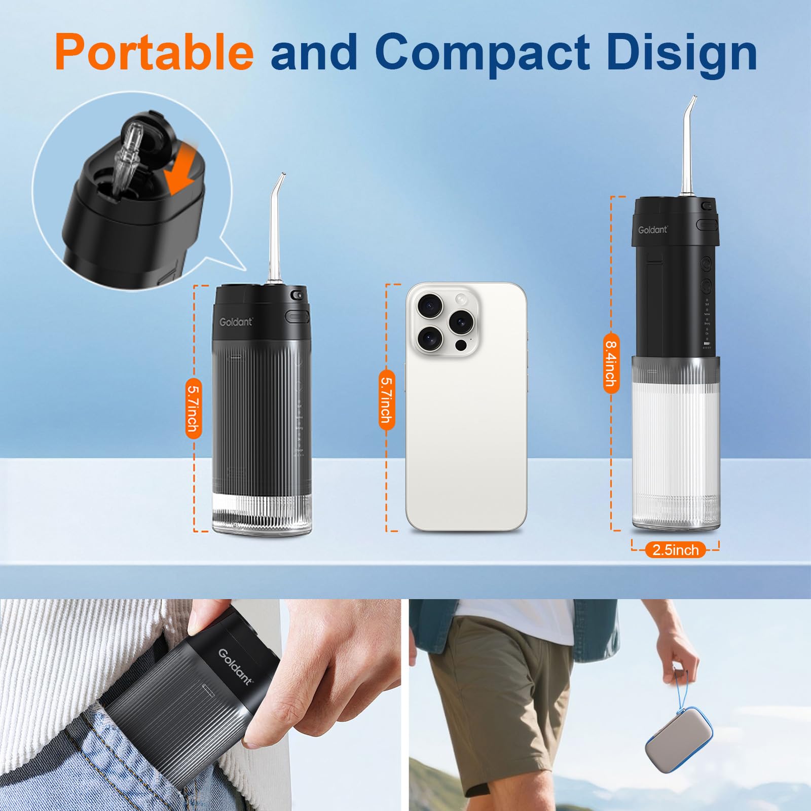 Portable Water Flosser for Teeth – Cordless Dental Oral Irrigator with 4 Modes, 16 Pressure Levels, Travel Case & IPX7 Waterproof Design
