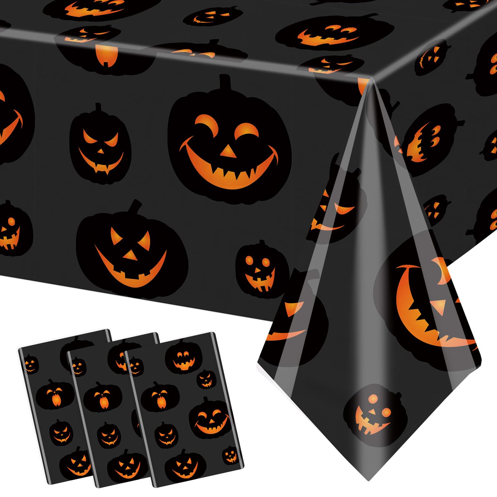 Halloween Tablecloths – 3 Pack Black Evil Pumpkin Plastic Table Covers (54 x 108 Inches)