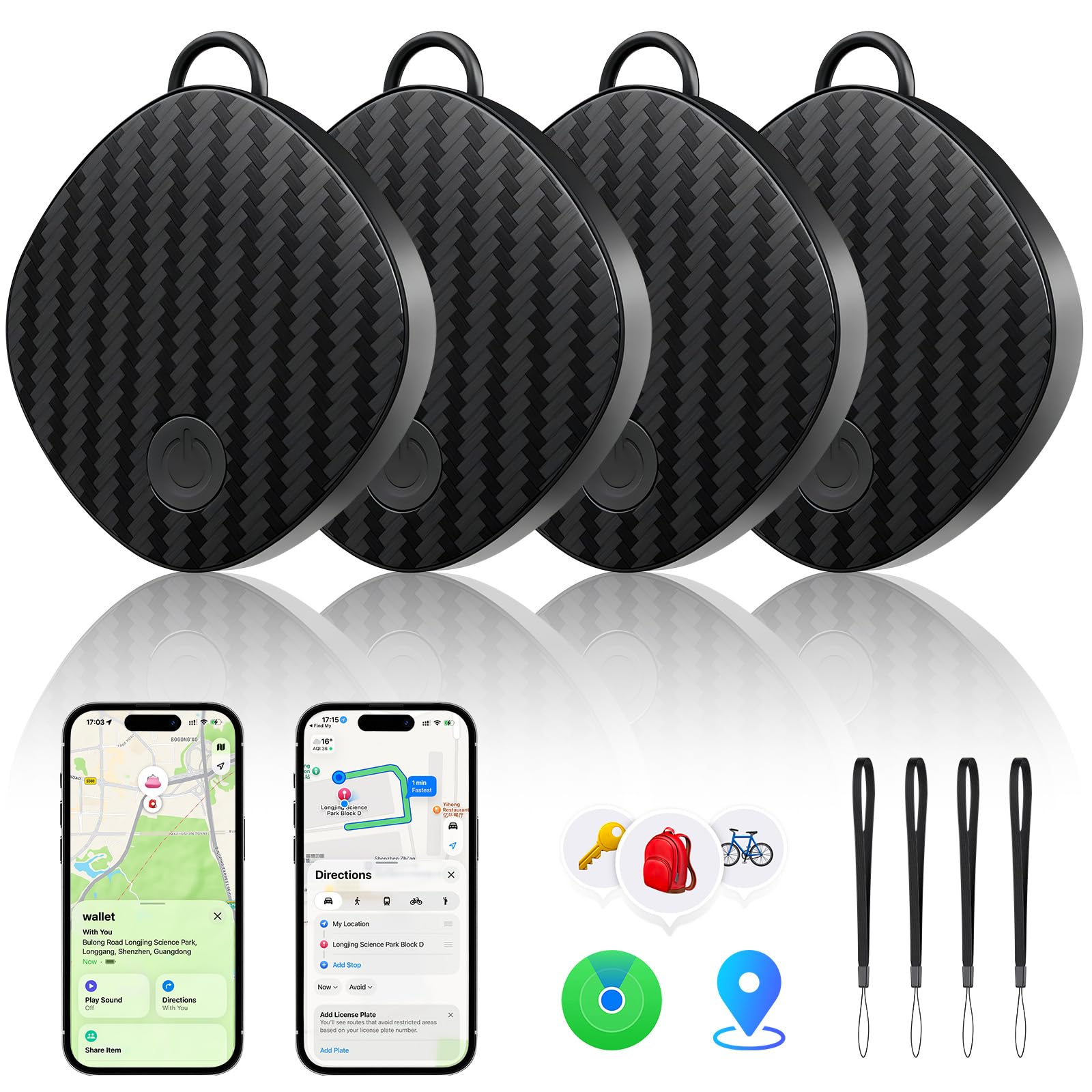 Apple Find My Compatible Bluetooth Tracker Tags 4 Pack with Loud Sound Alert, Water-Resistant Design & Replaceable Battery – Black