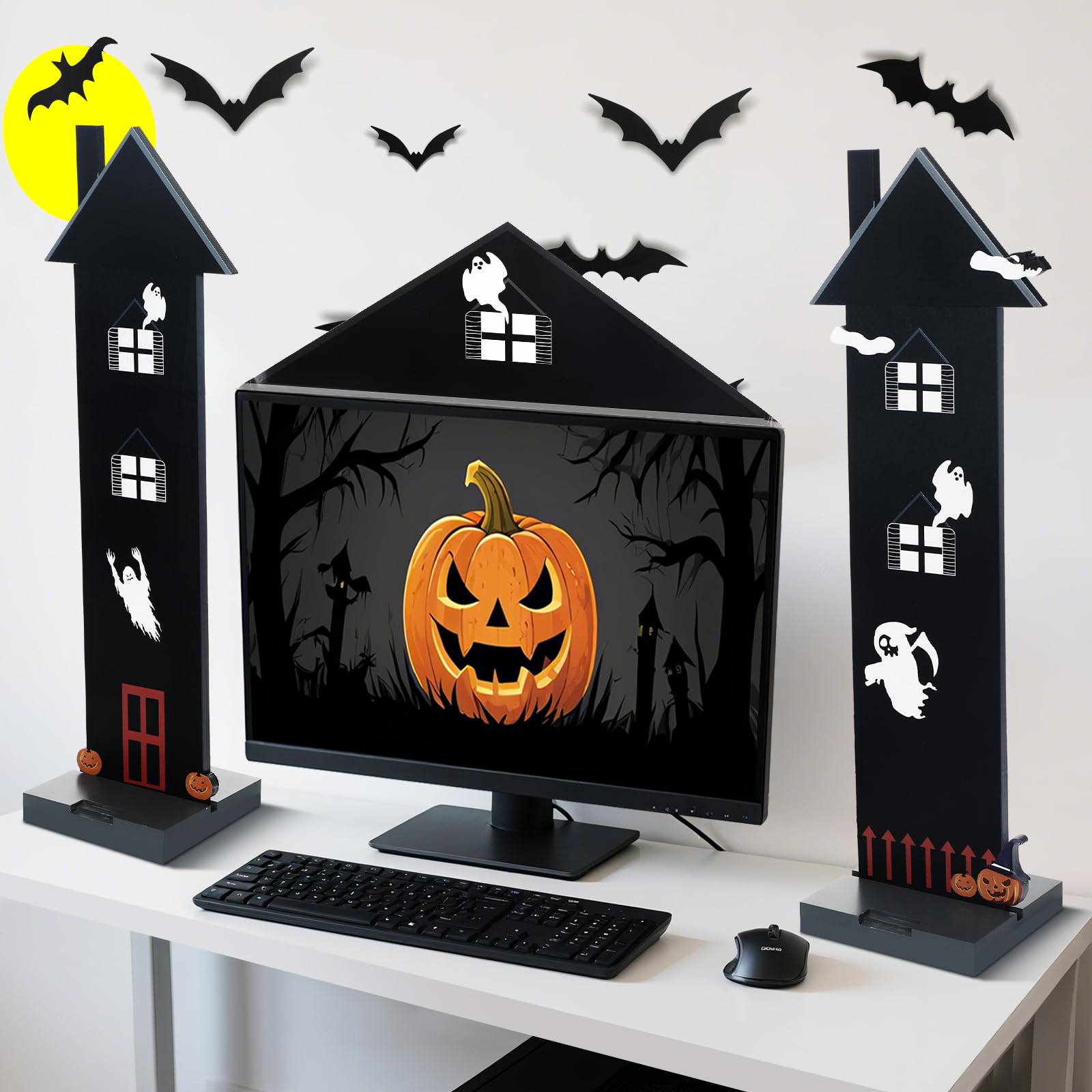 Halloween Office Cubicle Decor Set – Wooden Haunted House Desktop Decorations with Bat Stickers (Black)