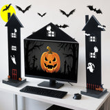 Halloween Office Cubicle Decor Set – Wooden Haunted House Desktop Decorations with Bat Stickers (Black)