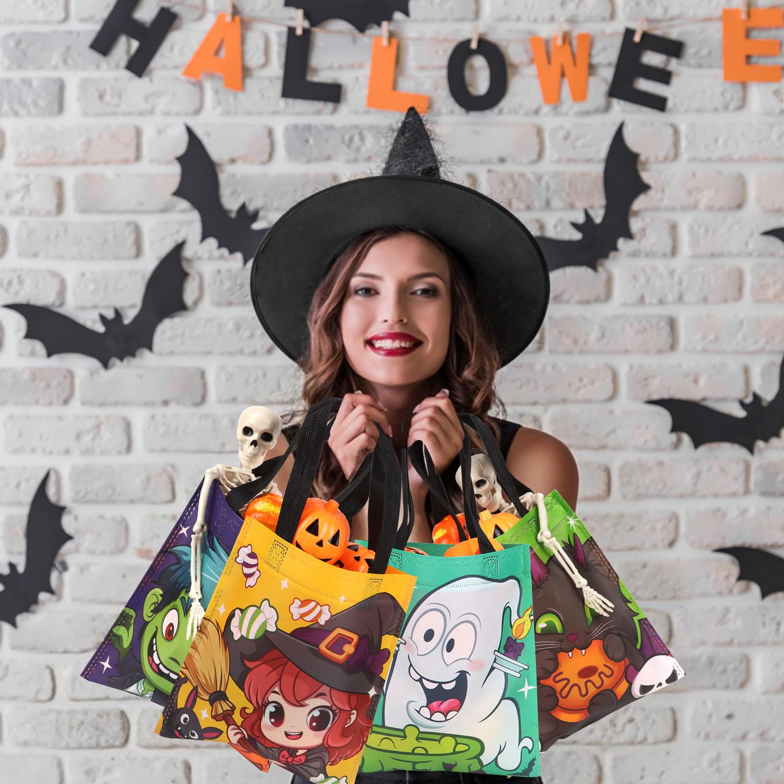24-Pack Halloween Non-Woven Tote Bags – 6 Classic Designs (Pumpkin, Black Cat, Ghost) Reusable Trick-or-Treat Gift Bags