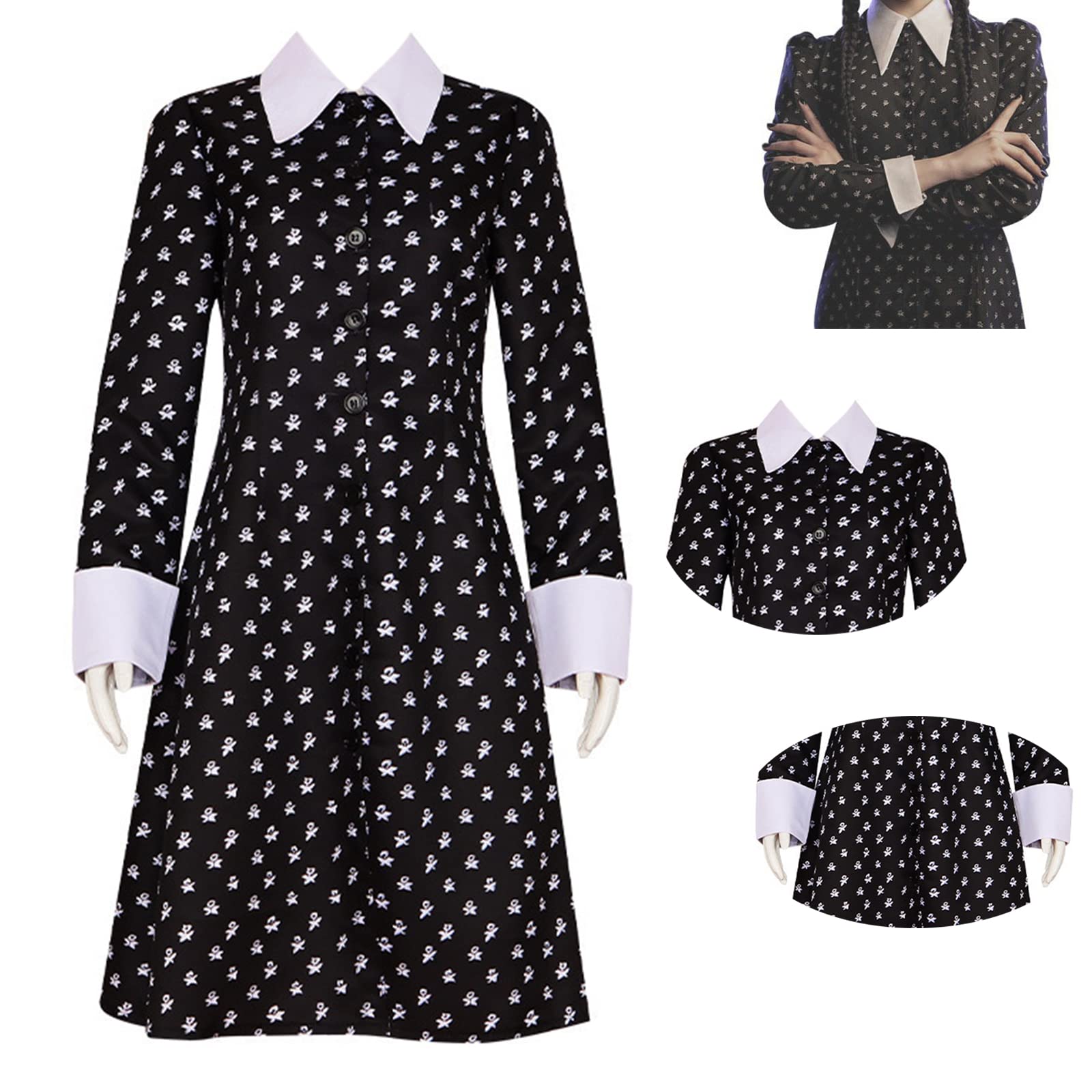 Women’s Black Lapel Dress with White Floral Print – Vintage Gothic Style for Halloween & Daily Wear