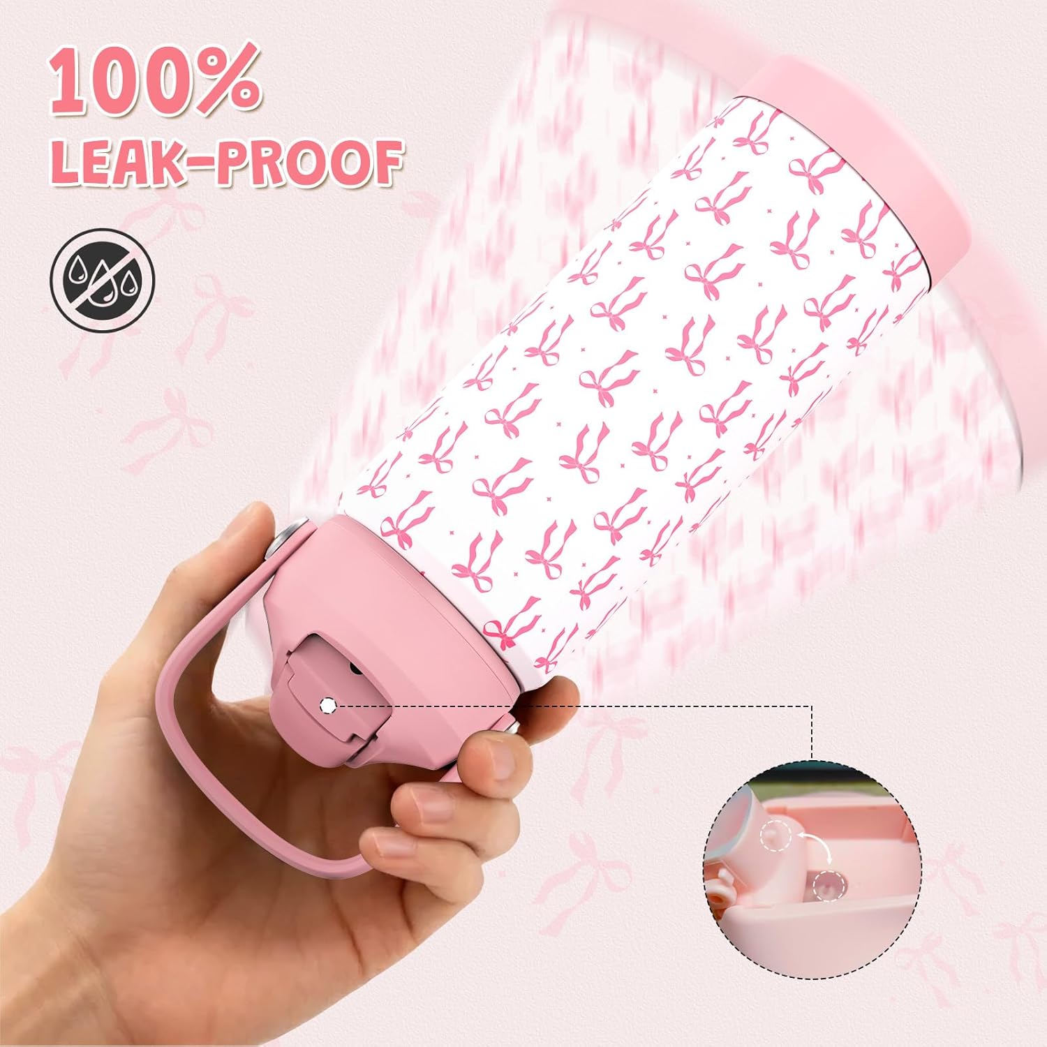 Girls Bow Water Bottle for School，Kids 18 oz Insulated Stainless Steel Cup with Straw, Double-Wall Vacuum Leakproof