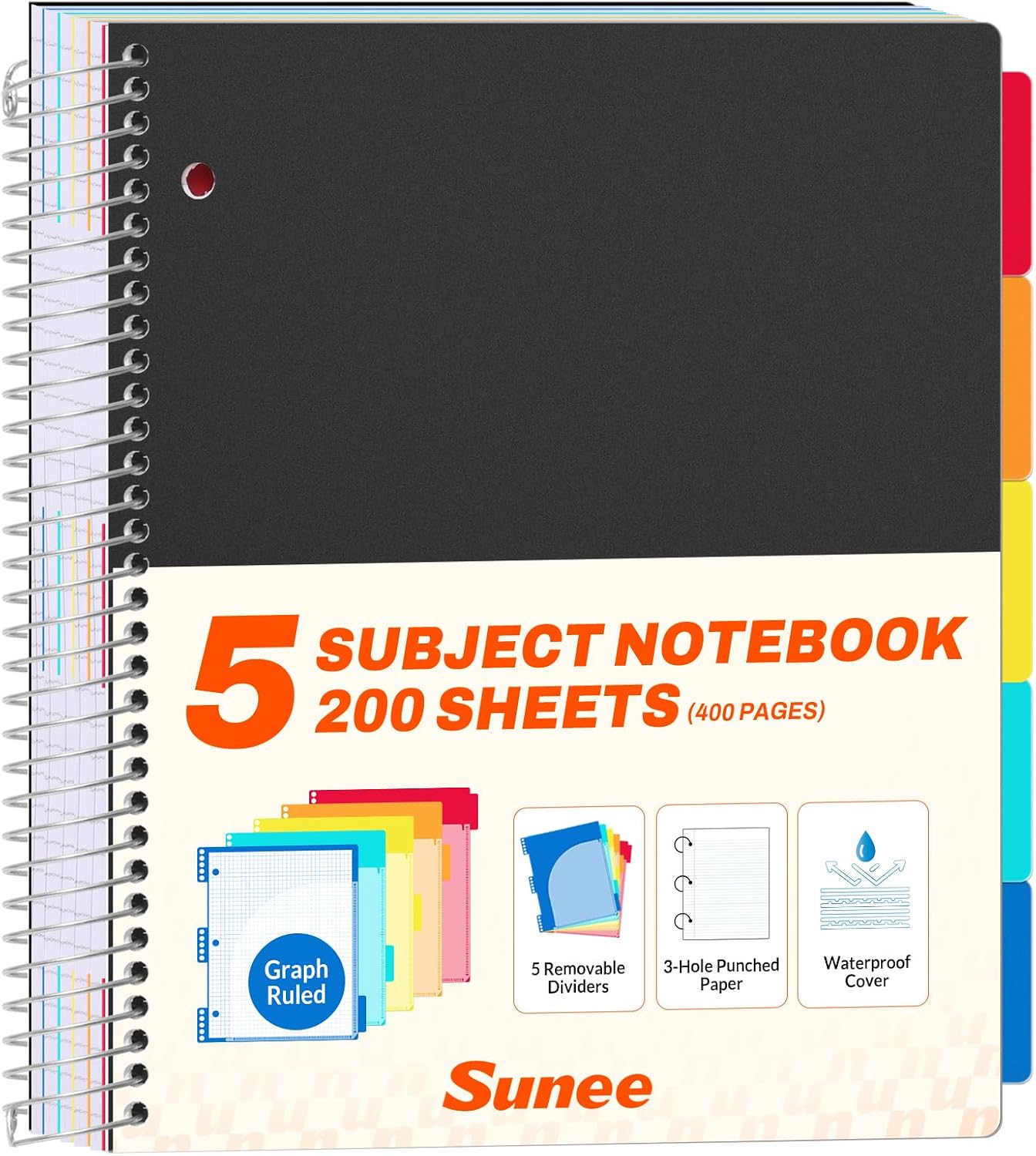 All-in-One Study Notebook with 5 Pocket Dividers, 400 College Ruled Pages and Binder-Ready Sheets