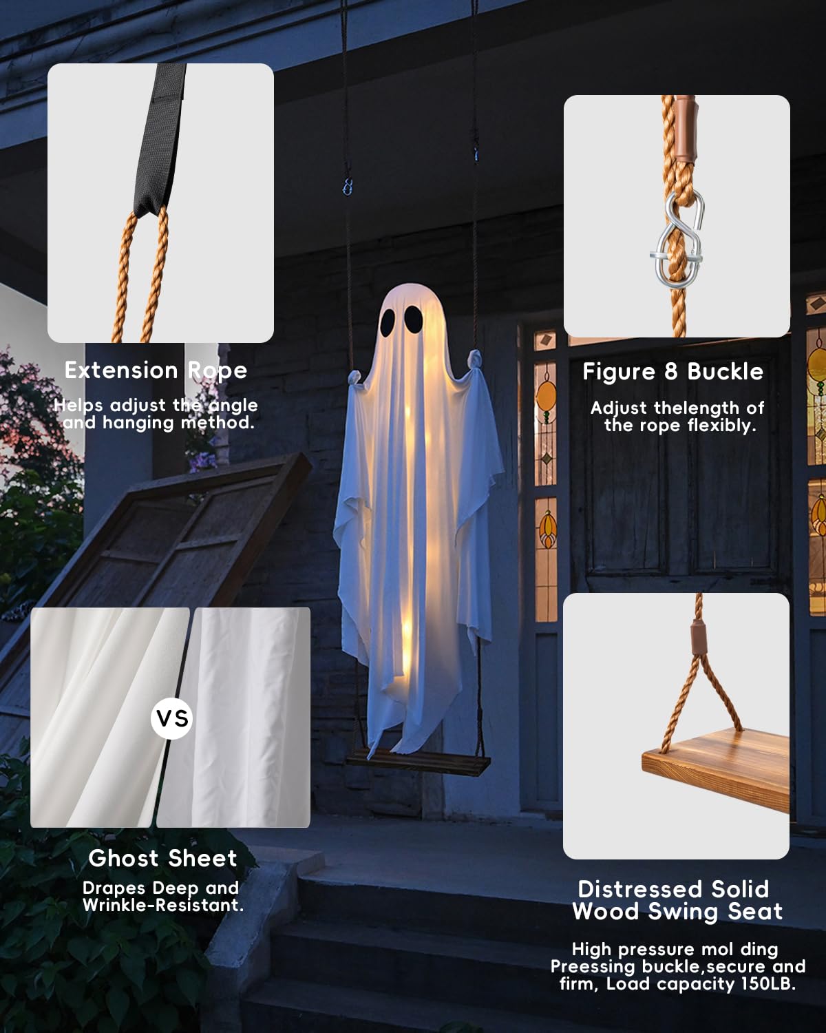 13FT Adjustable Swing Ghost with LED Lights – Giant Hanging Halloween Decoration with Remote & 8 Lighting Modes (White, LK567)