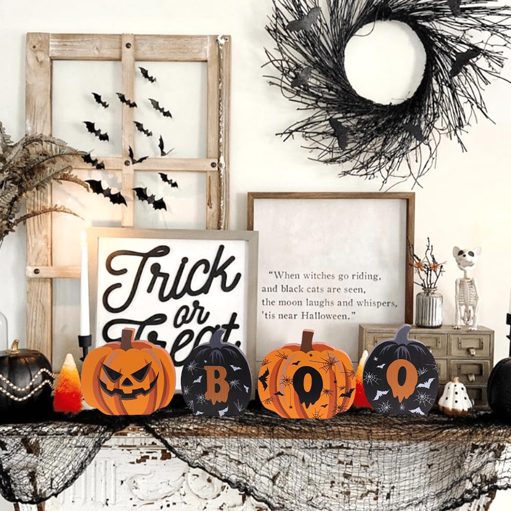 Reversible Wooden Pumpkin Table Decor – “FALL” & “BOO” Double-Sided Autumn & Halloween Decoration for Home