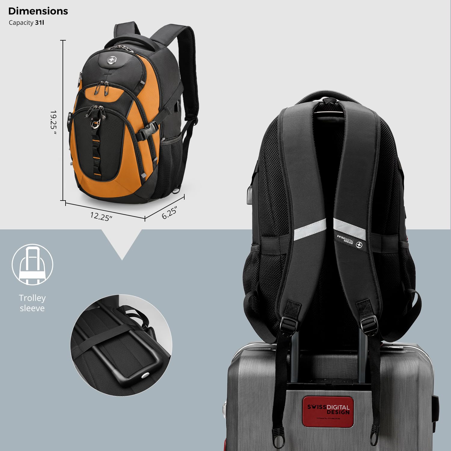 Swissdigital Design Laptop Backpack with USB-C Charging Port and RFID Protection, 31L Daily Travel Bag