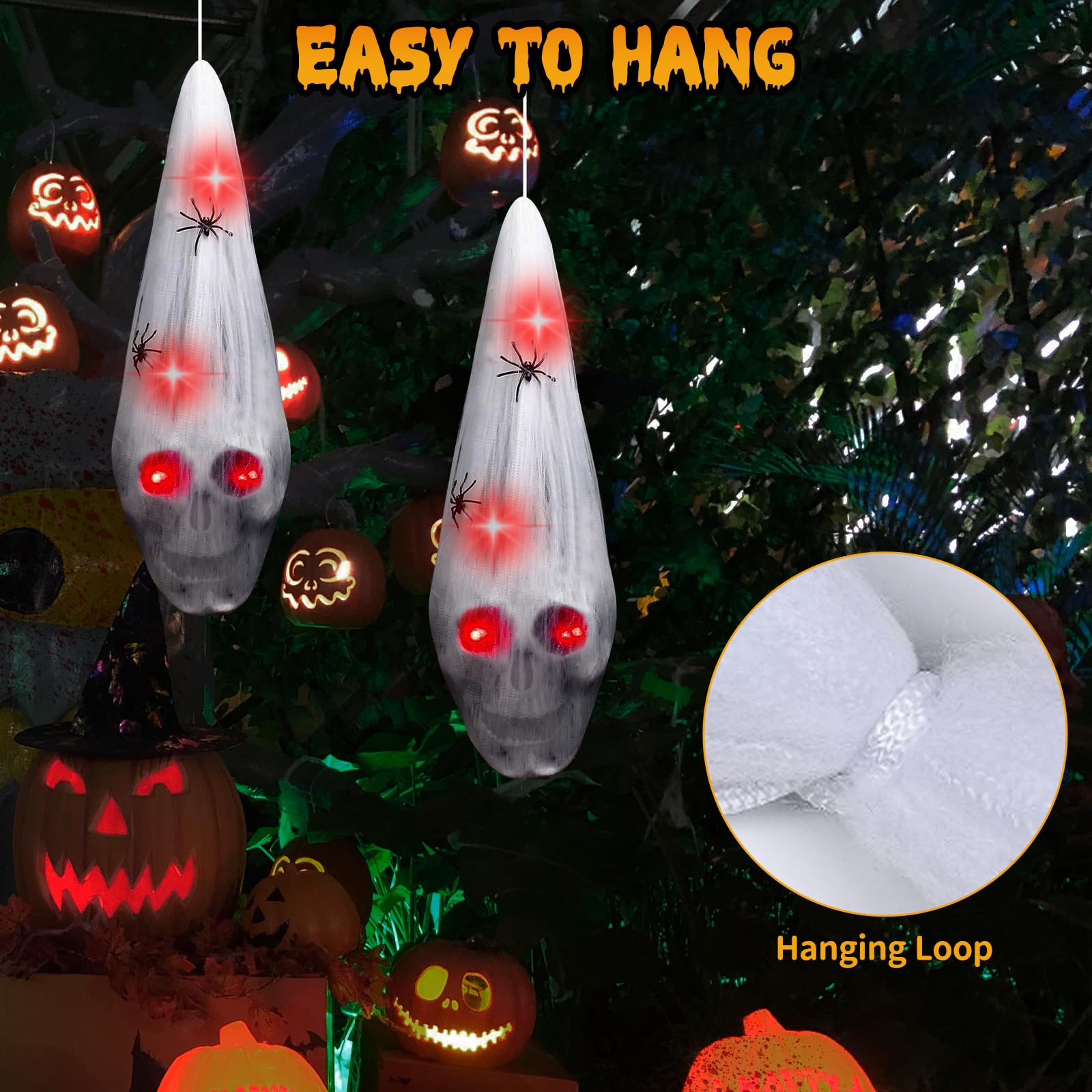 2-Pack Hanging Skull Halloween Decorations with Creepy Spiders & LED Light-Up Eyes – Outdoor & Indoor Haunted Décor