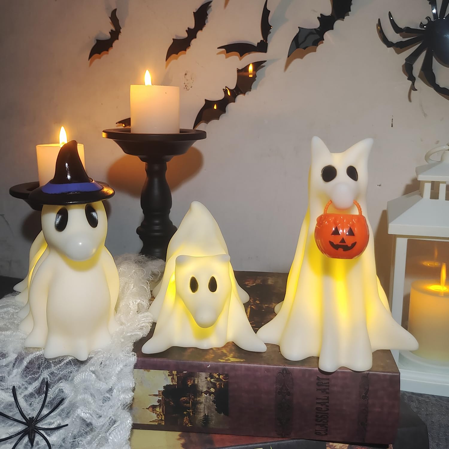 Set of 3 Light-Up Ghost Dogs – Handmade LED Halloween Decorations for Home, Office & Pet Lovers