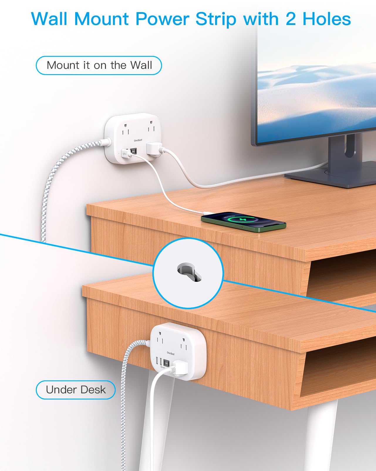 One Beat Cruise Power Strip with USB-C – Flat Plug Extension Cord, 3 Outlets & 4 USB Ports (2025)