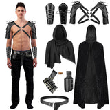 Black Medieval Knight Costume Set – Hooded Cloak, Armor, Belt & Potion Bottle for Halloween ⚔️🖤