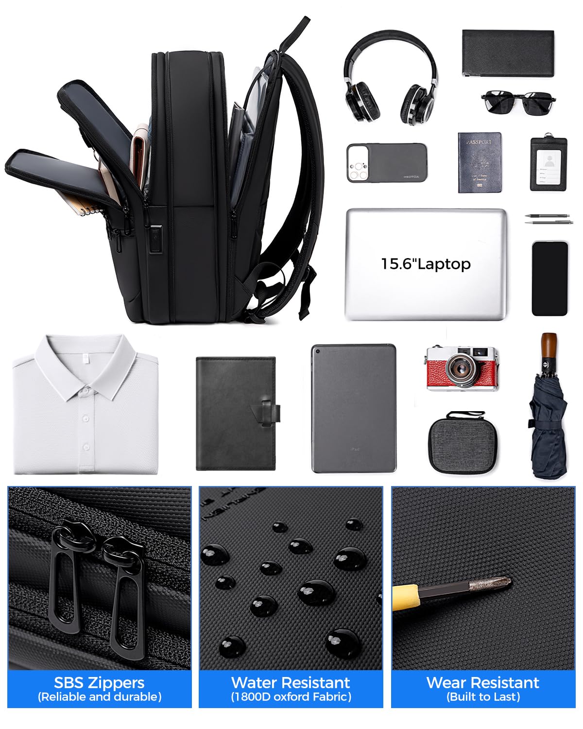 FENREE.GEER Expandable Work Laptop Backpack – 12L–22L Water-Resistant Backpack with USB-C & USB-A Ports for 15.6” Laptops (Black)