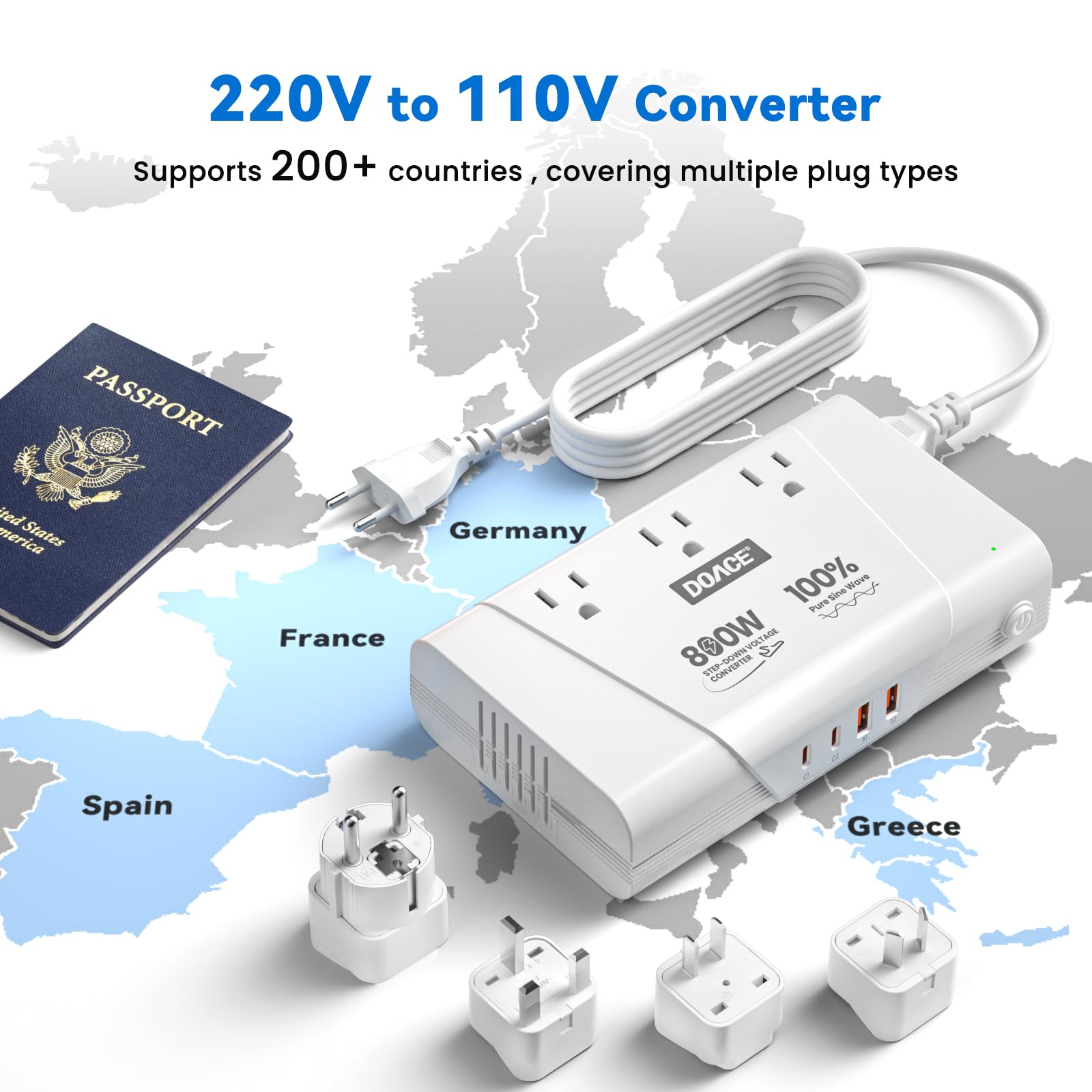 800W Pure Sine Wave Voltage Converter & Universal Travel Adapter – Multi Device International Power Converter White
