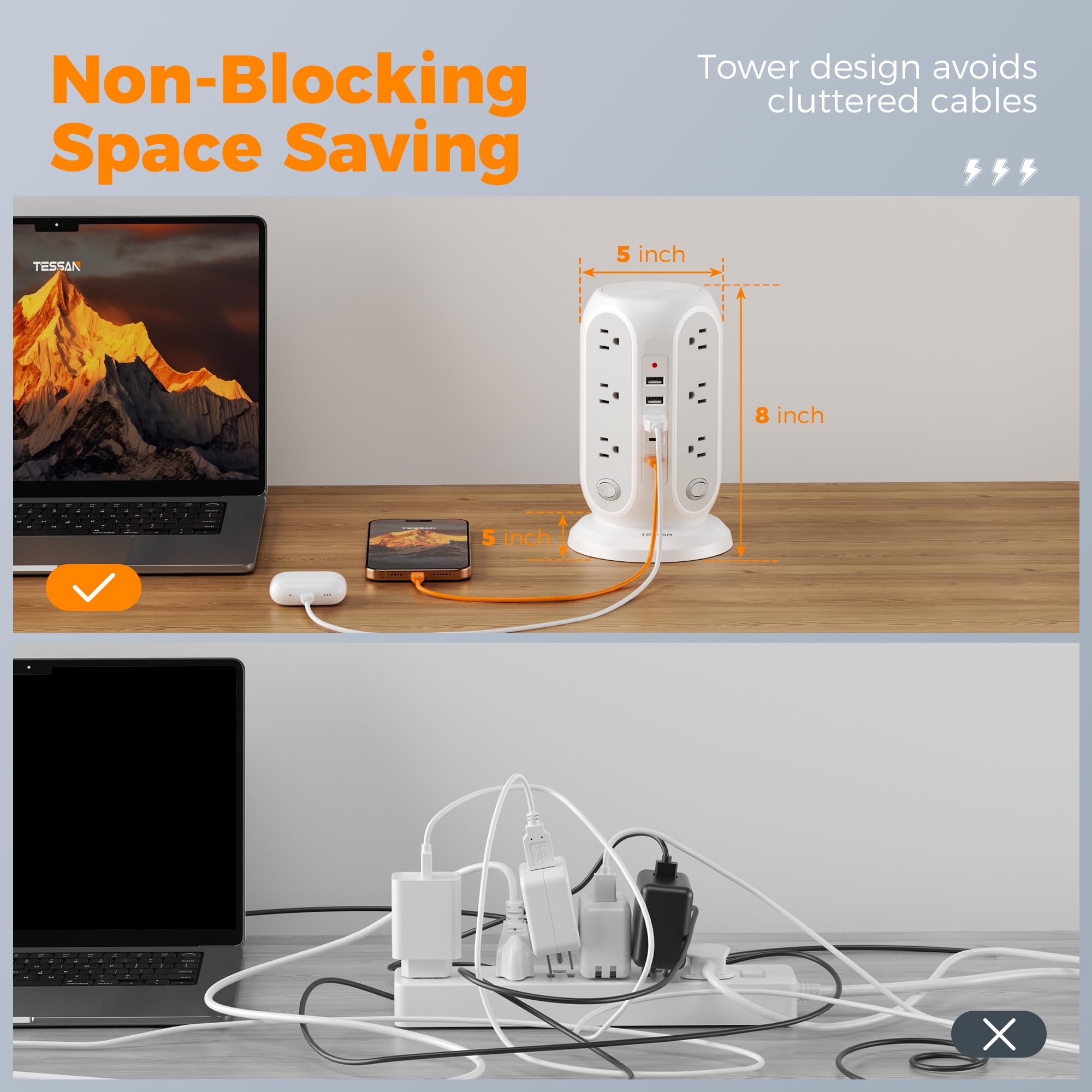 TESSAN 17-in-1 Tower Power Strip Surge Protector with 12 Outlets, 5 USB Ports & Individual Switches Flat Plug Extension Cord