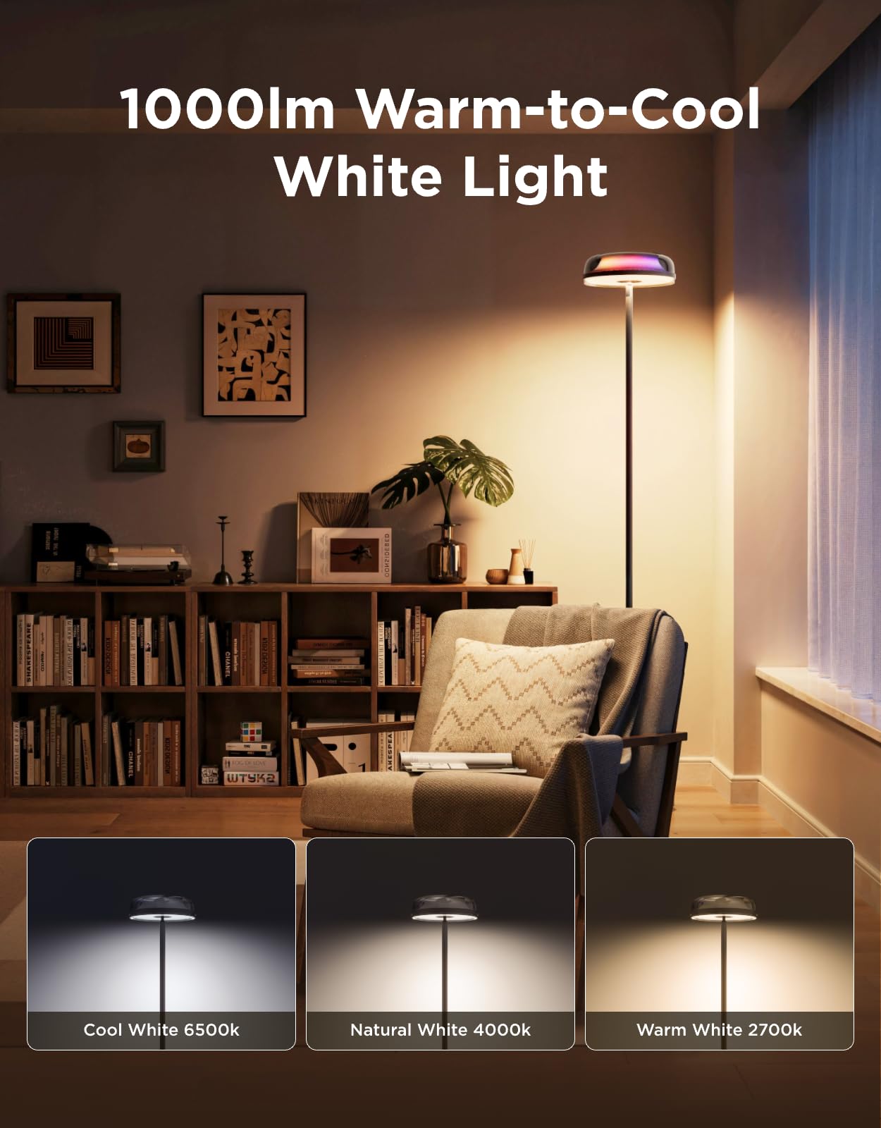Smart RGBWW Tri-Zone Floor Lamp with Ripple Ceiling Effect, 1000lm Task Light & Alexa/Matter Control – Black