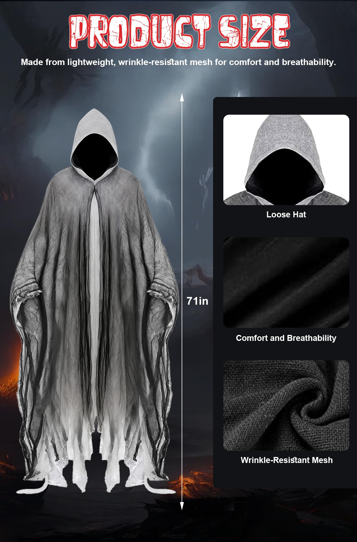 Grim Reaper Cloak – Gray Full-Length Hooded Robe for Adults, Halloween Horror Costume