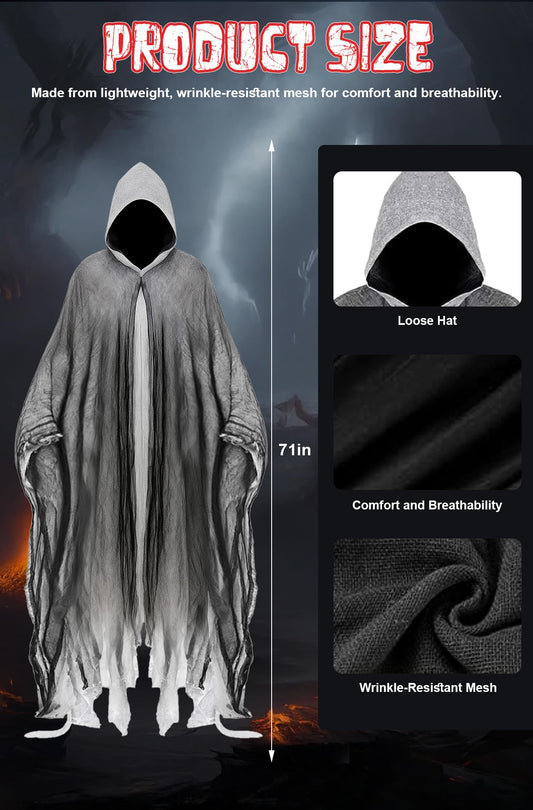 Grim Reaper Cloak – Gray Full-Length Hooded Robe for Adults, Halloween Horror Costume