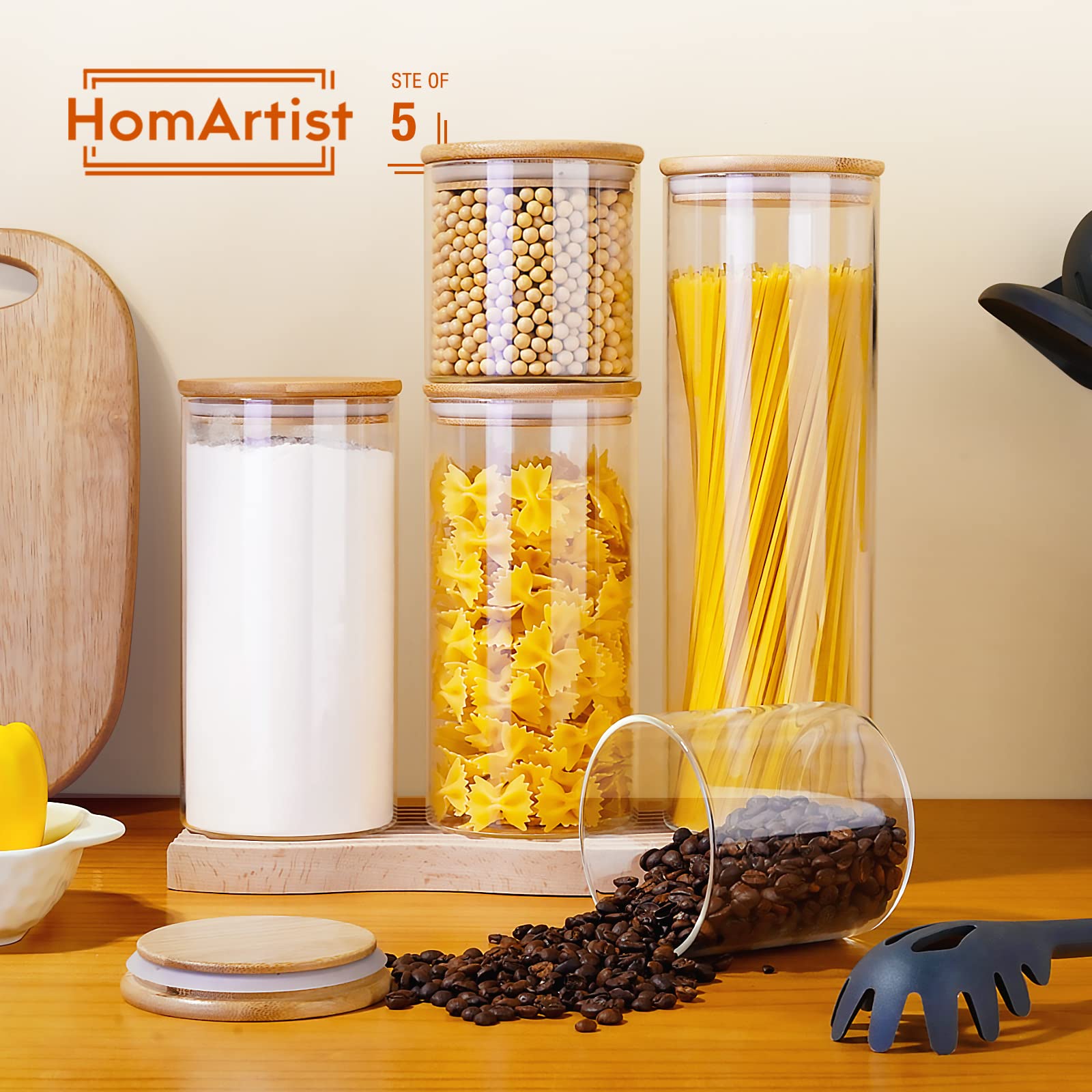HD Clear Glass Pantry Jars with Bamboo Lids – 5-Piece Borosilicate Storage Set (Multi Size)