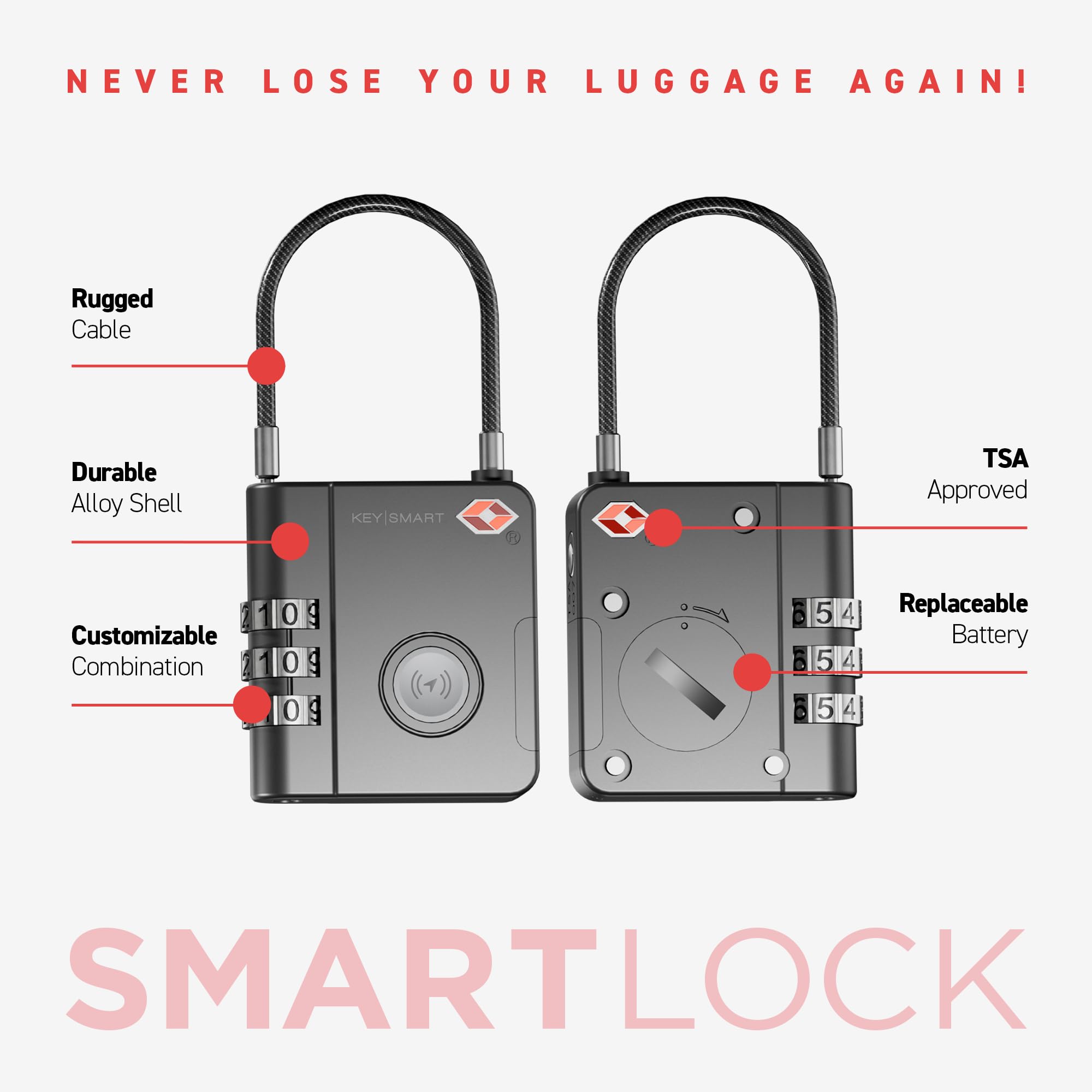 Smart TSA Luggage Lock with Apple Find My Tracking, Bluetooth Travel Security Padlock with Replaceable Battery